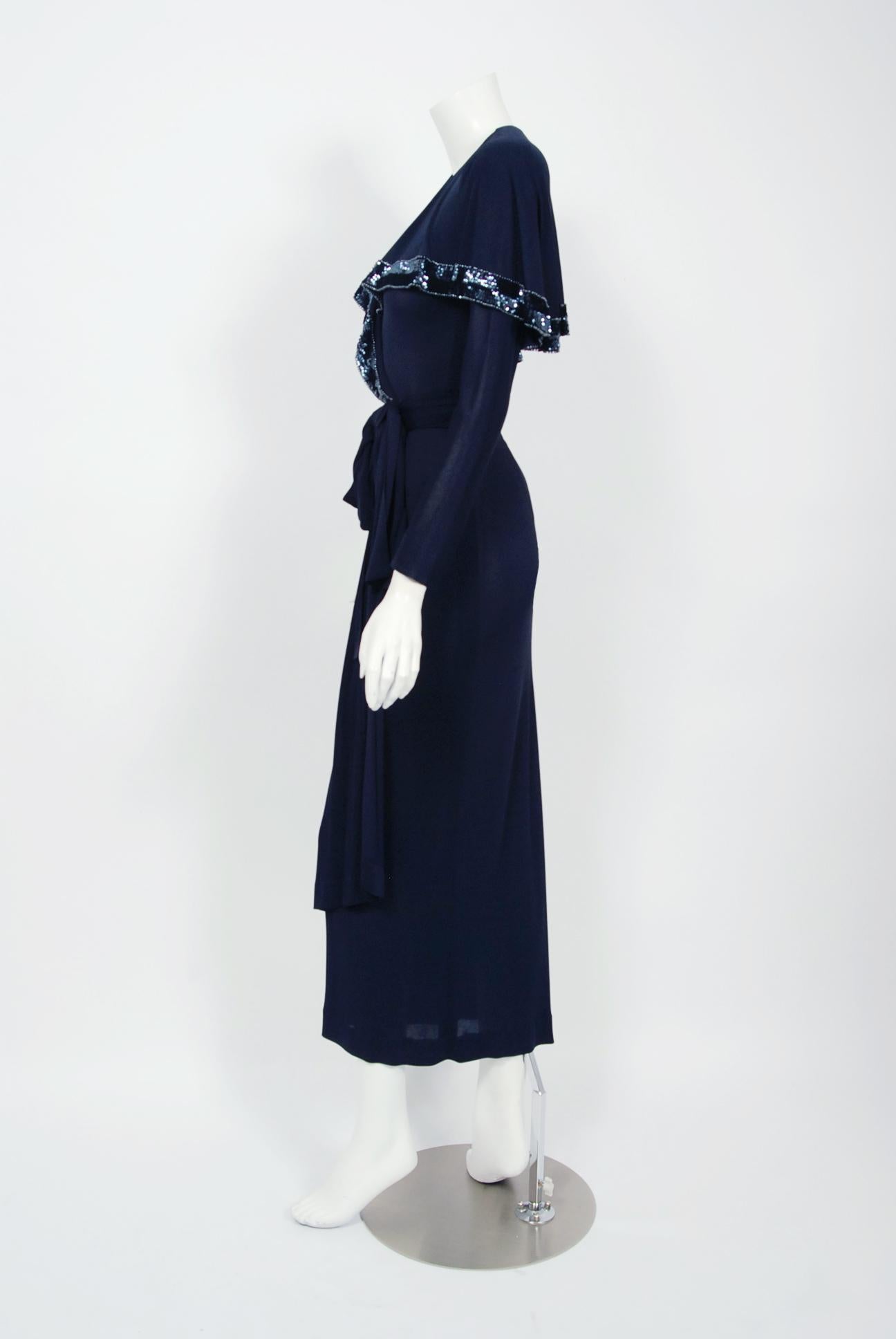 Vintage 1970's Jean Muir Beaded Sequin Navy Jersey Capelet Plunge Dress w/Tags In Good Condition In Beverly Hills, CA