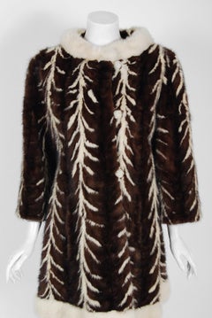 Vintage 1960's Arnold Constable Couture Ivory Brown Graphic Print Mink Fur Coat