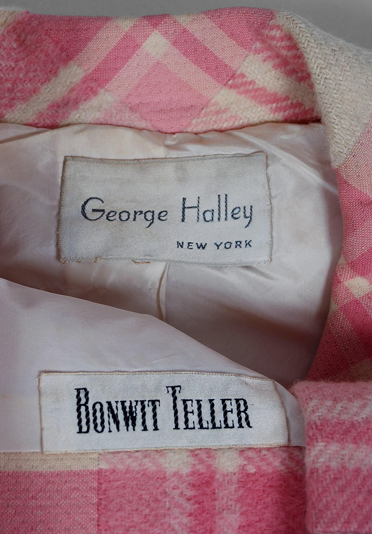 1966 George Halley Couture Pink & Ivory Plaid Wool Tailored Mod Jacket Coat In Good Condition In Beverly Hills, CA