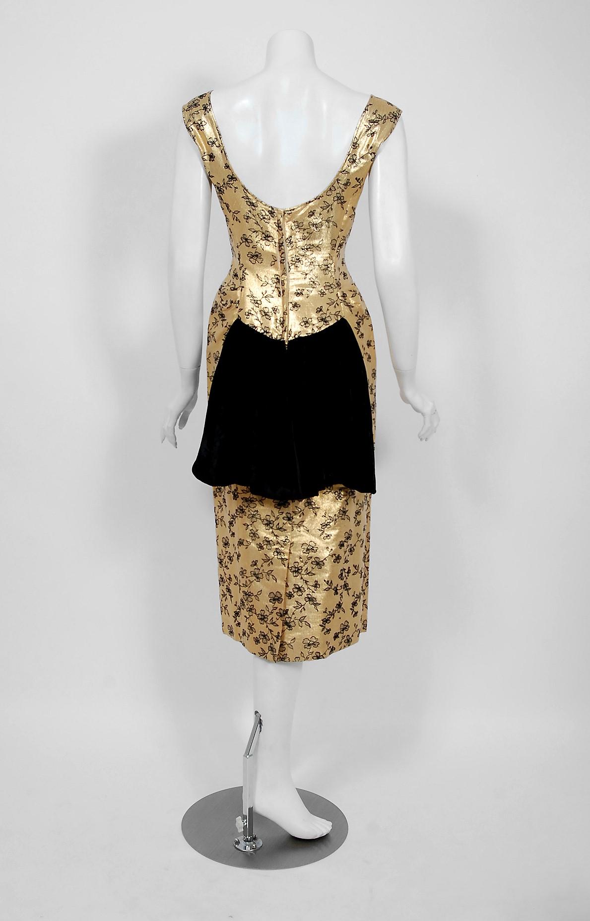 1950's Beaumelle Metallic Gold Floral Lamé Shelf-Bust Fishtail Cocktail Dress 1