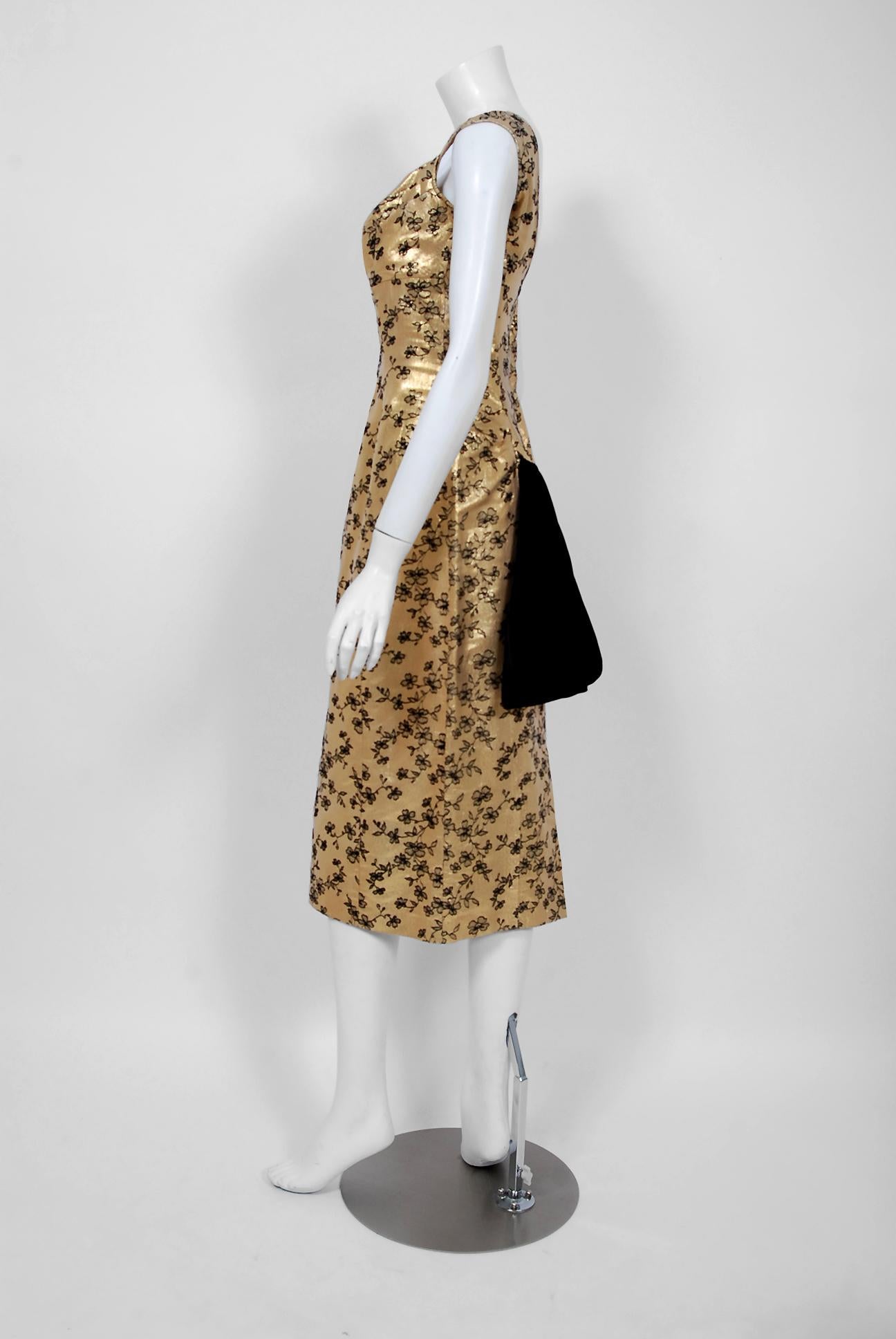 1950's Beaumelle Metallic Gold Floral Lamé Shelf-Bust Fishtail Cocktail Dress In Excellent Condition In Beverly Hills, CA