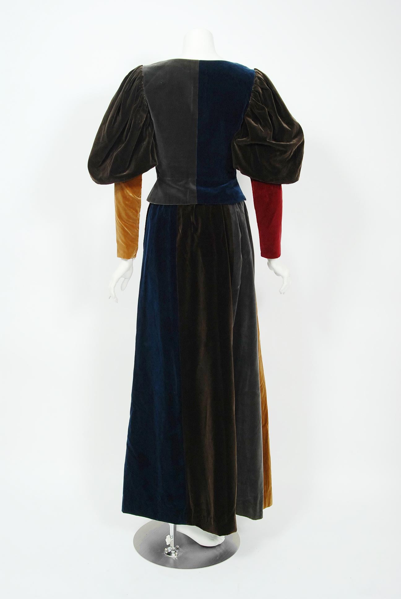 Women's 1970 Yves Saint Laurent Corset Lace-Up Mutton Sleeve Velvet Blouse & Maxi Skirt