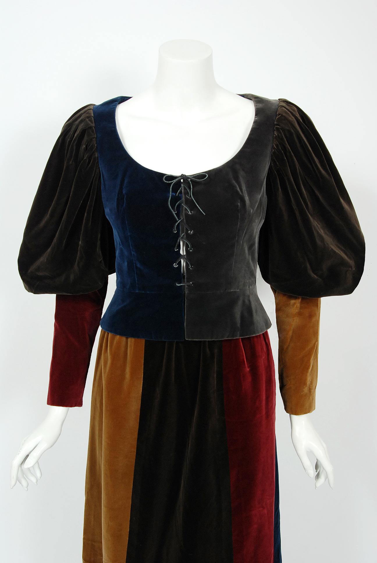 Gorgeous Yves Saint Laurent block color velveteen Renaissance style ensemble from the infamous 1970 Rive Gauche collection. Pieces from this decade are very rare and are true examples of fashion history. Some of Yves Saint Laurent's most dramatic