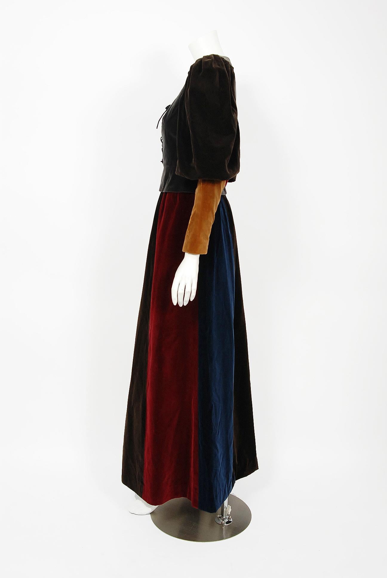 Black 1970 Yves Saint Laurent Corset Lace-Up Mutton Sleeve Velvet Blouse & Maxi Skirt