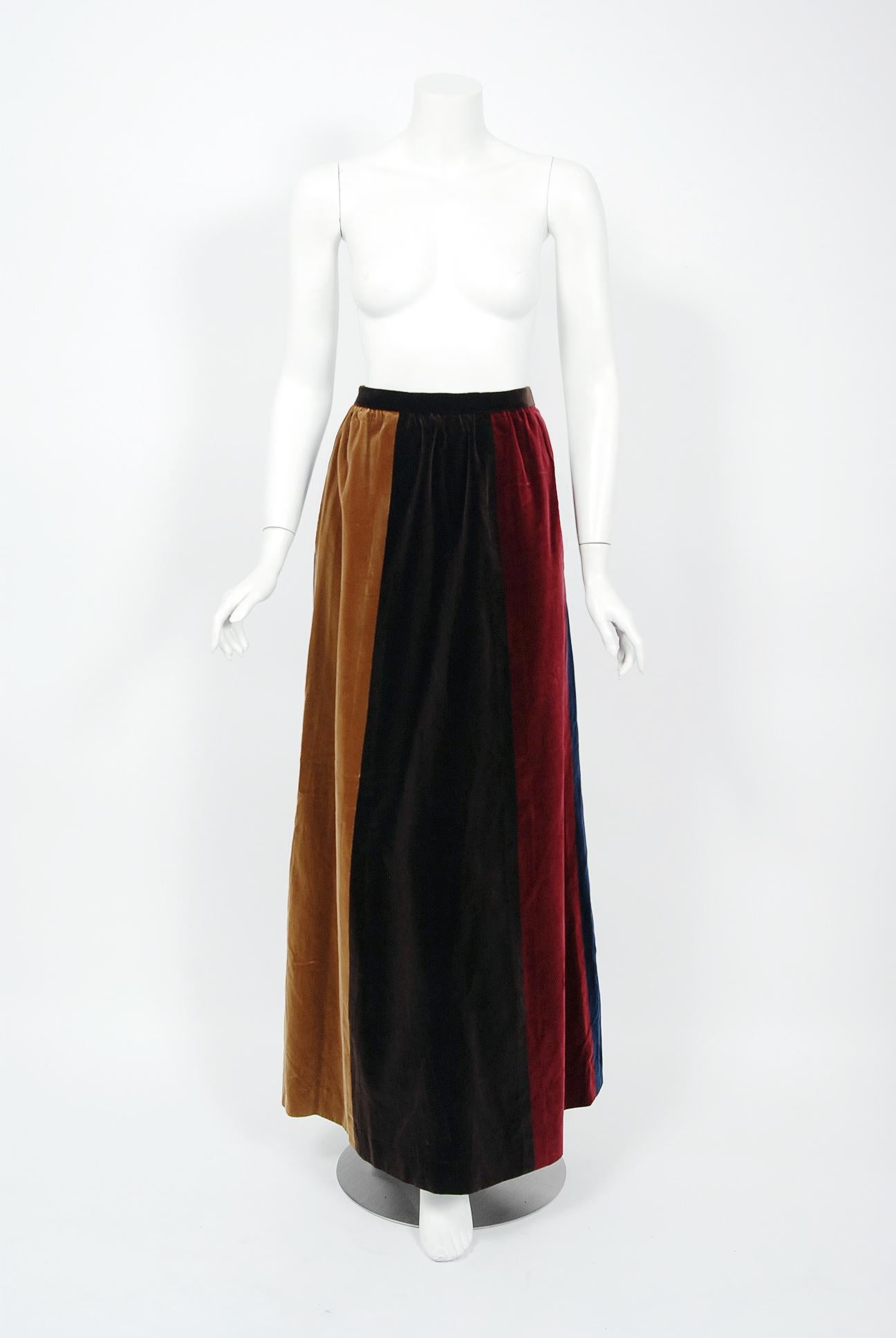 1970 Yves Saint Laurent Corset Lace-Up Mutton Sleeve Velvet Blouse & Maxi Skirt In Excellent Condition In Beverly Hills, CA