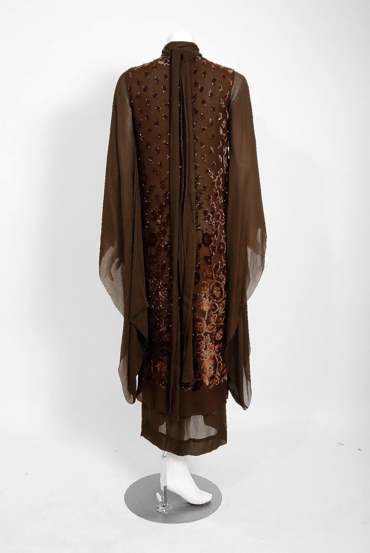 1969 Christian Dior Haute-Couture Brown Floral Flocked Silk Kimono Sleeve Gown 2