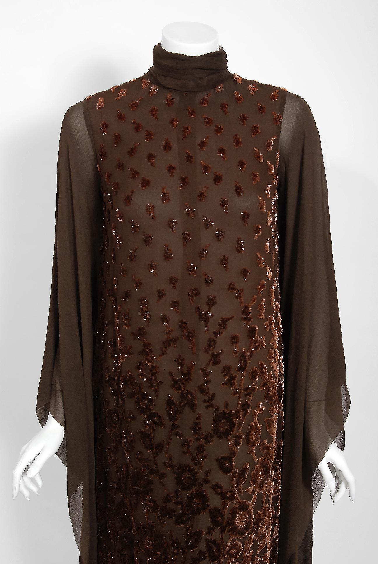Black 1969 Christian Dior Haute-Couture Brown Floral Flocked Silk Kimono Sleeve Gown