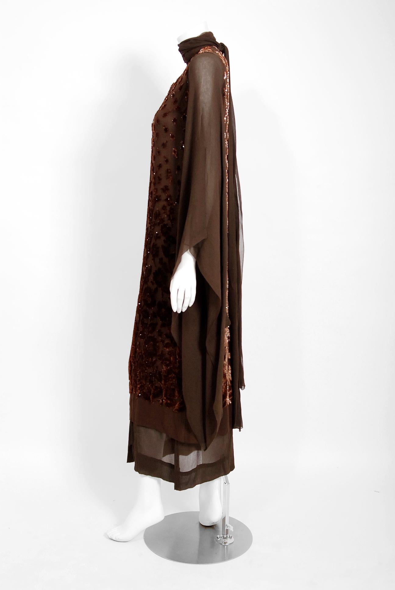 Women's 1969 Christian Dior Haute-Couture Brown Floral Flocked Silk Kimono Sleeve Gown