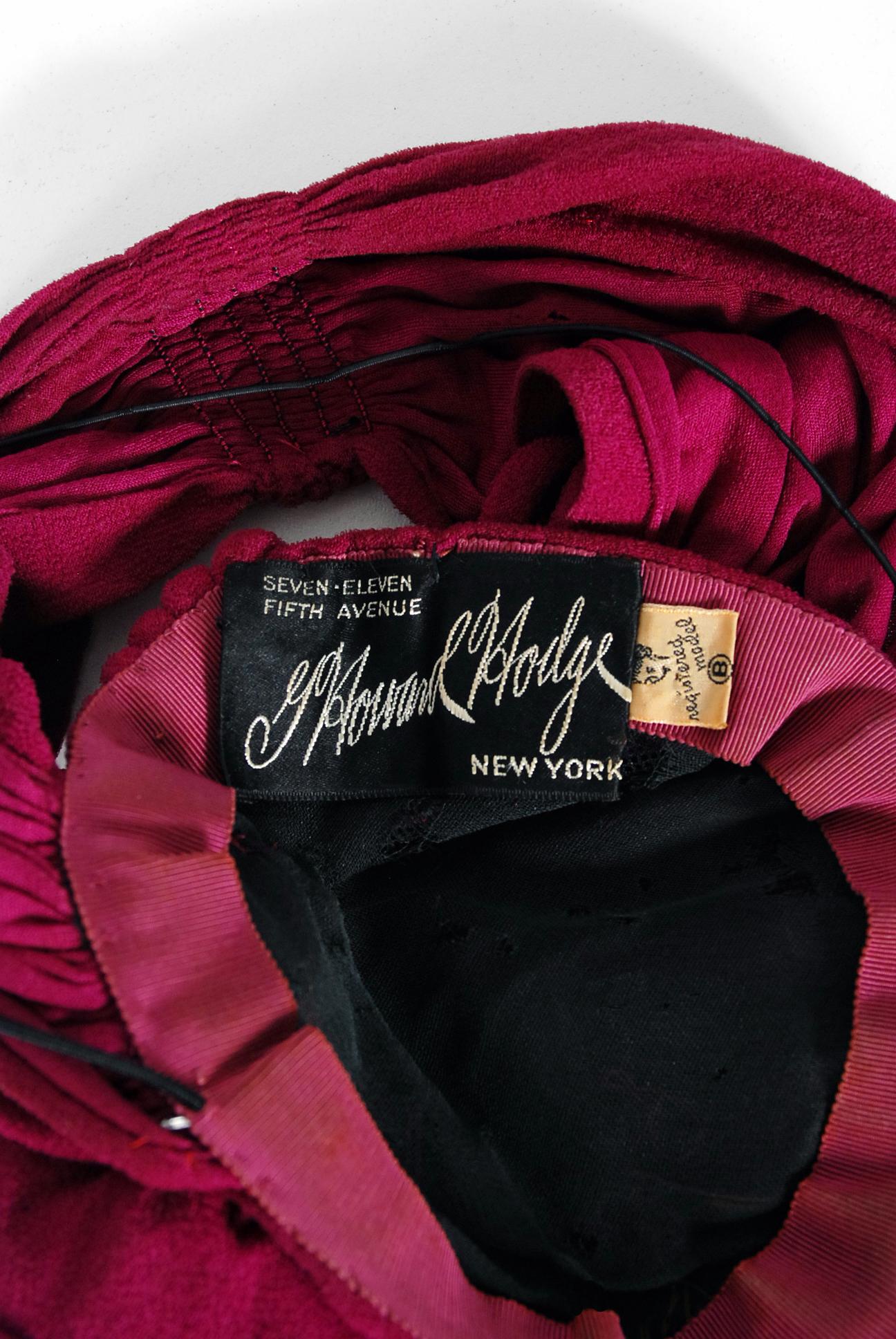 1940's Howard Hodge Purple Roses Bouquet Jersey-Knit Tilt Top Headpiece Hat  2