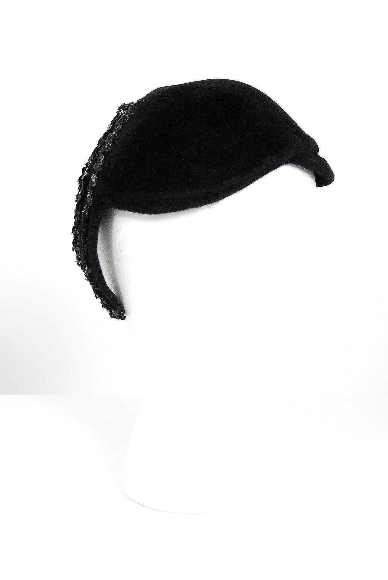 1950's Dolly Madison Black Velour Sequin Corded Novelty Spider Asymmetric Hat 1