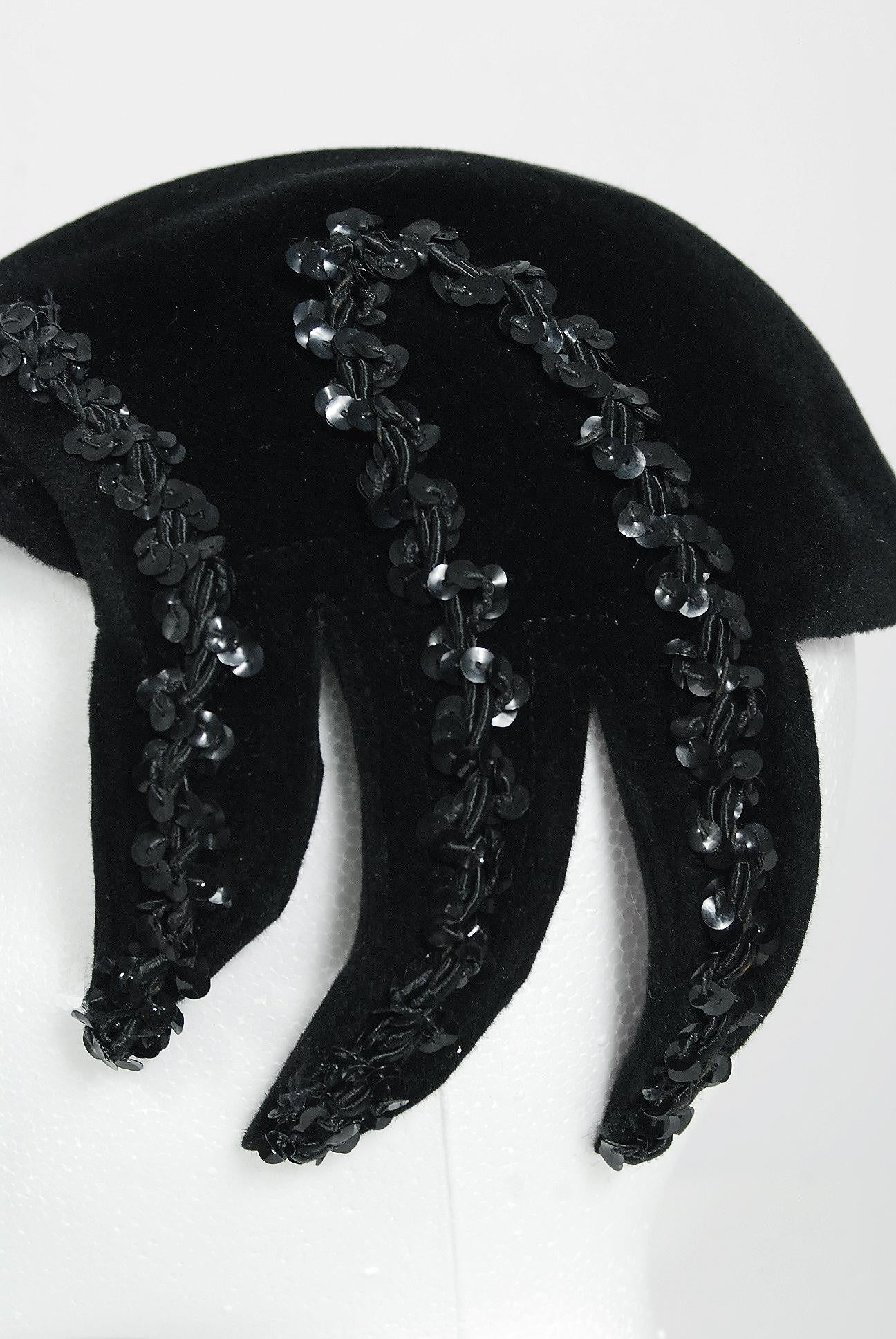 Women's 1950's Dolly Madison Black Velour Sequin Corded Novelty Spider Asymmetric Hat