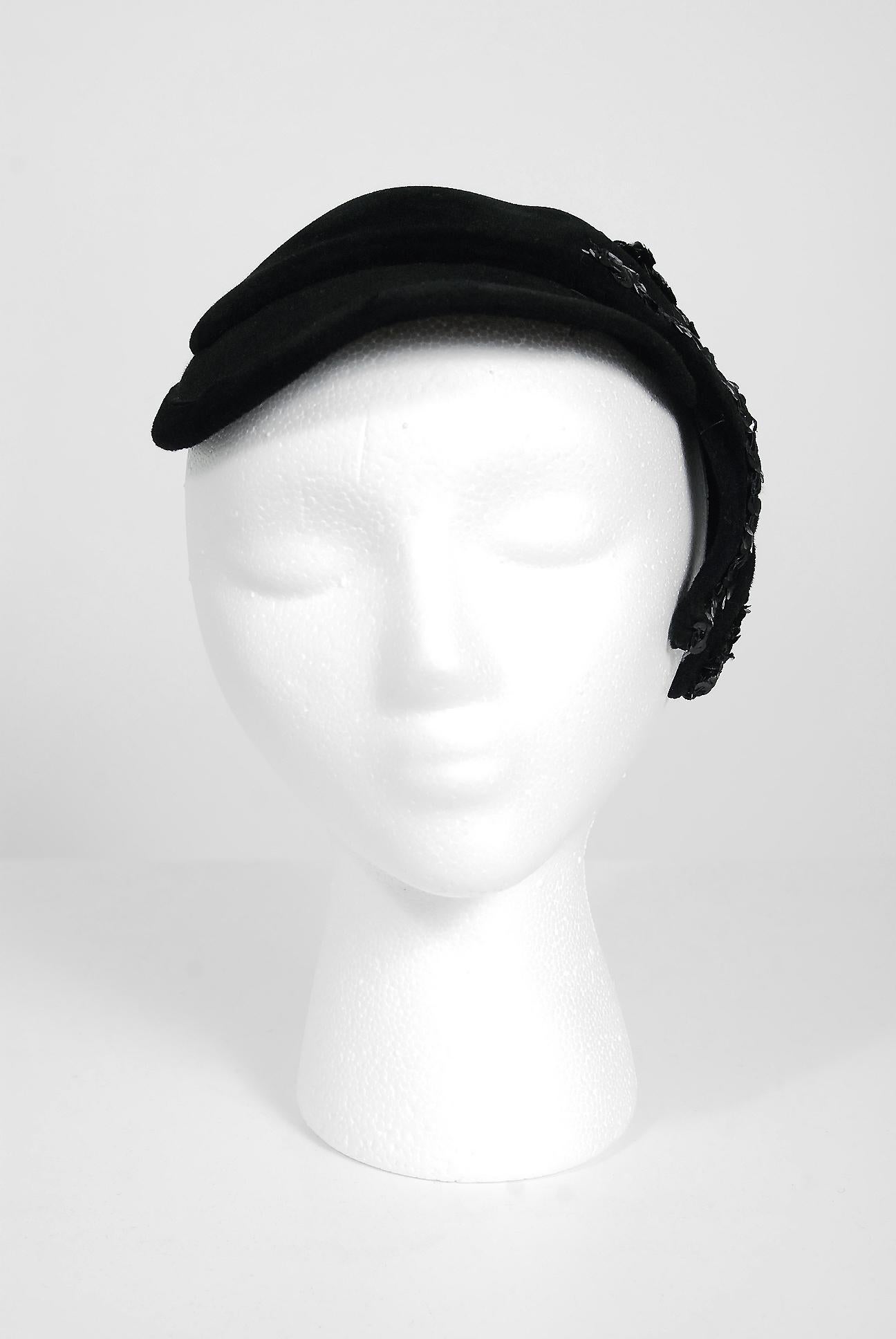 Gorgeous 1950's Dolly Madison designer black velour hat for the lady who likes statement in her style. I love the unique asymmetric novelty side 