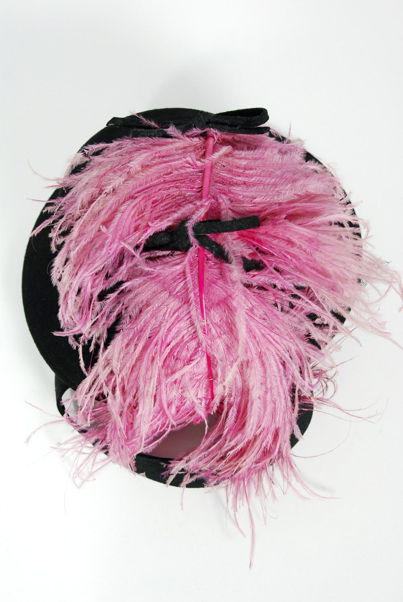 Women's 1940's Austelle Black Wool-Felt & Pink Ostrich-Feather Film Noir Tilt Toy Hat