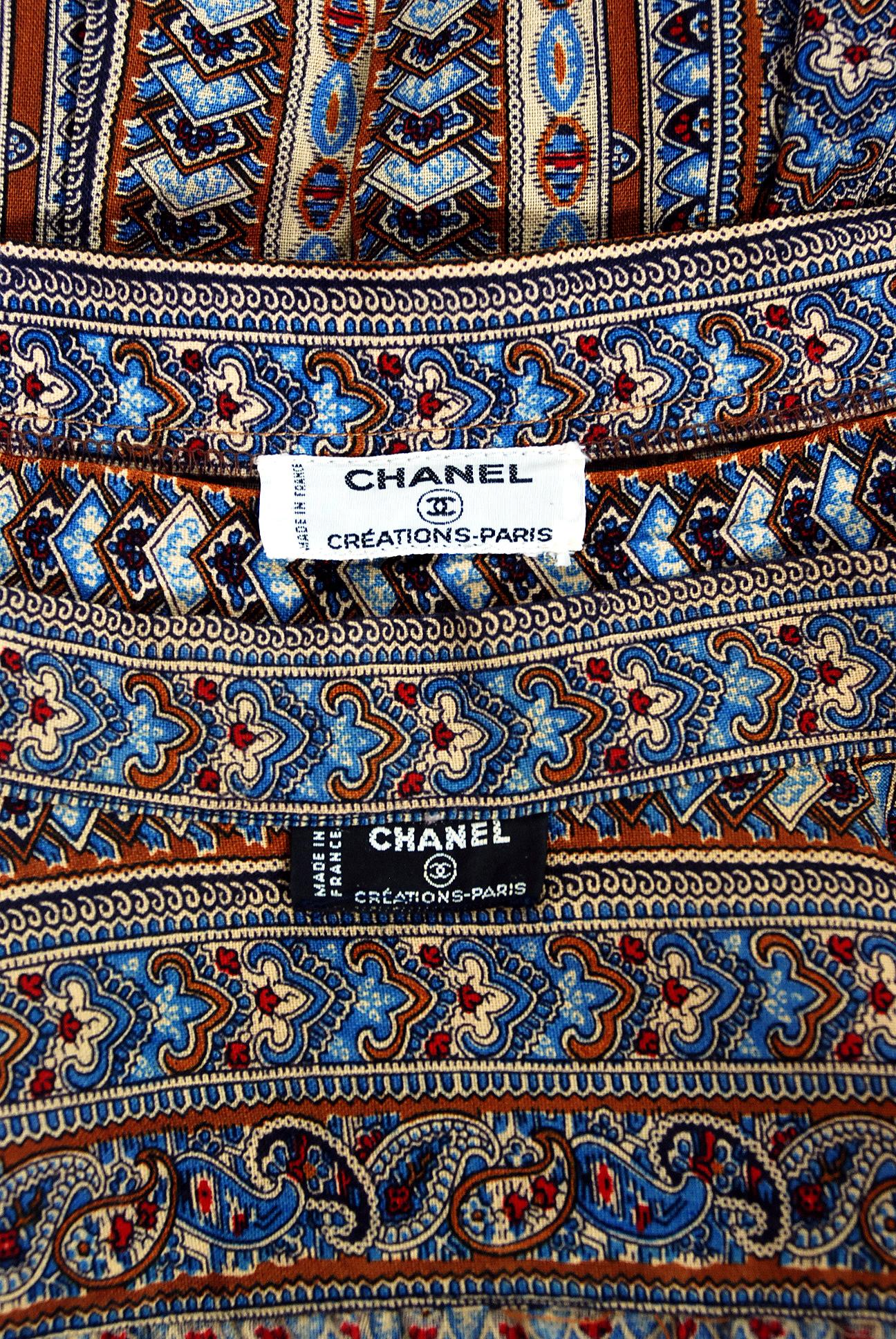 1977 Chanel Paris Paisley Motif Blue Brown Silk Bow-Tie Blouse & Pleated Skirt 5