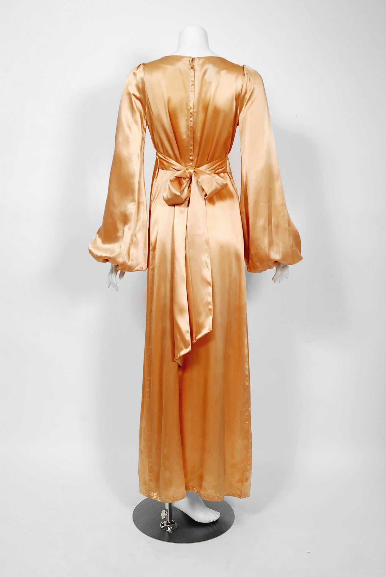 1972 Biba Copper Satin Low-Cut Plunge Billow Sleeve Back Belted Maxi Dress  In Fair Condition In Beverly Hills, CA