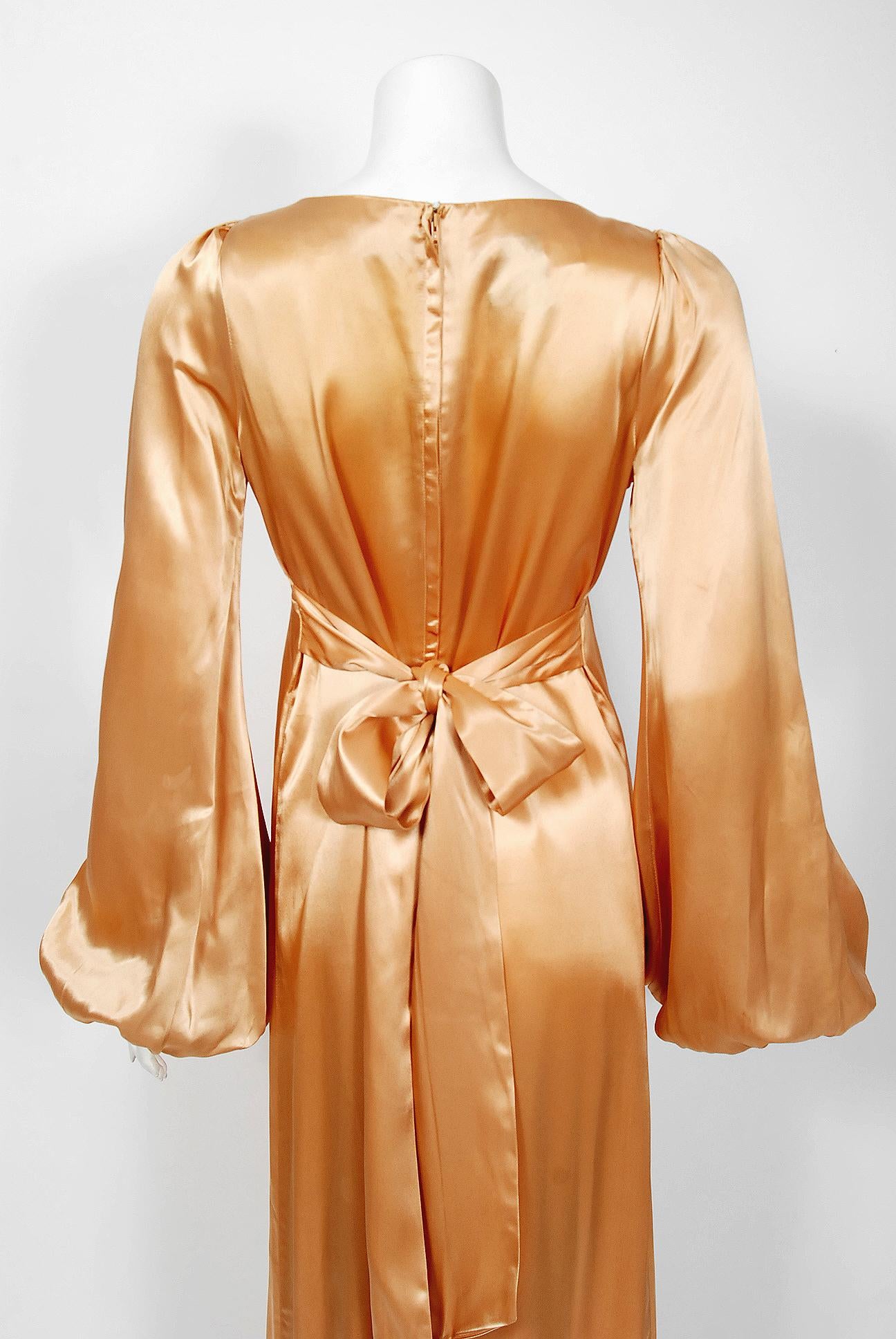 Women's 1972 Biba Copper Satin Low-Cut Plunge Billow Sleeve Back Belted Maxi Dress 