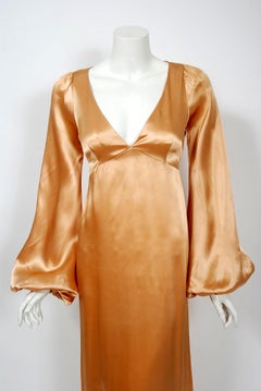 1972 Biba Copper Satin Low-Cut Plunge Billow Sleeve Back Belted Maxi Dress