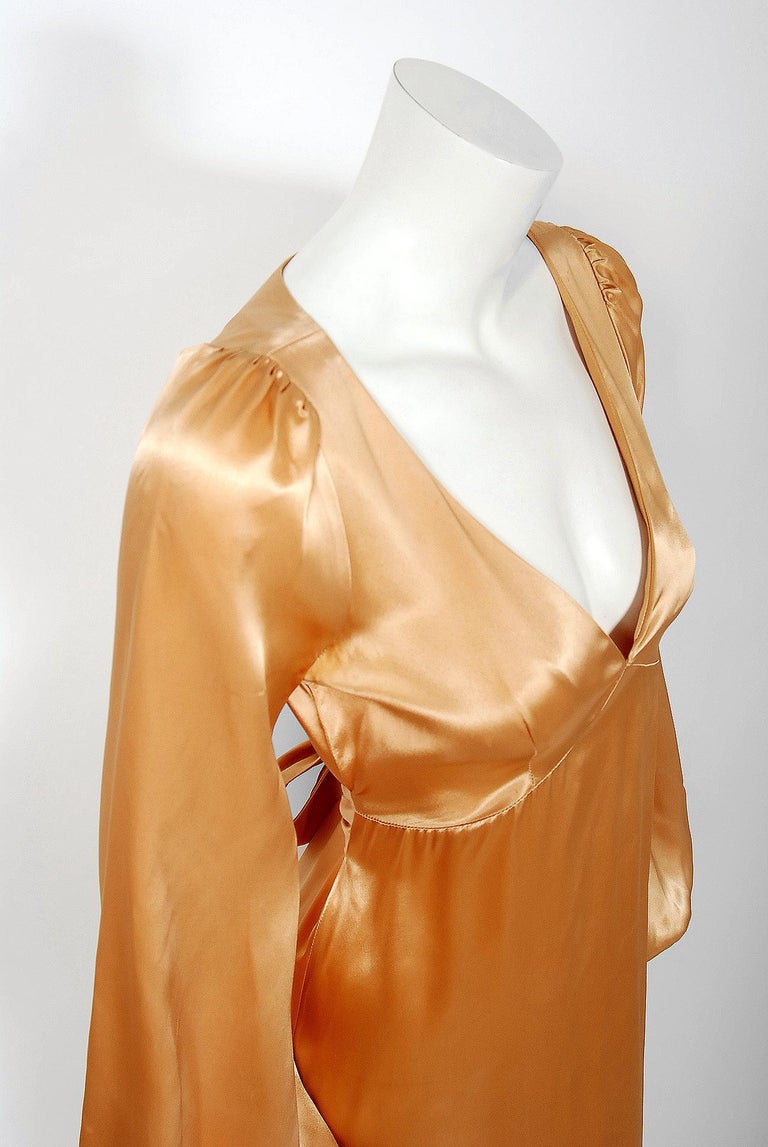 1972 Biba Copper Satin Low-Cut Plunge Billow Sleeve Back Belted Maxi ...