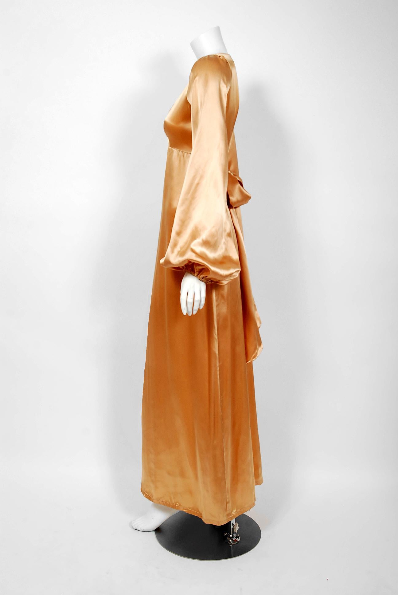 Brown 1972 Biba Copper Satin Low-Cut Plunge Billow Sleeve Back Belted Maxi Dress 