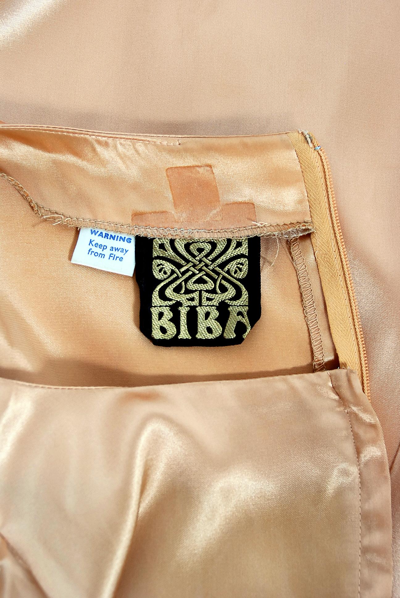 1972 Biba Copper Satin Low-Cut Plunge Billow Sleeve Back Belted Maxi Dress  1