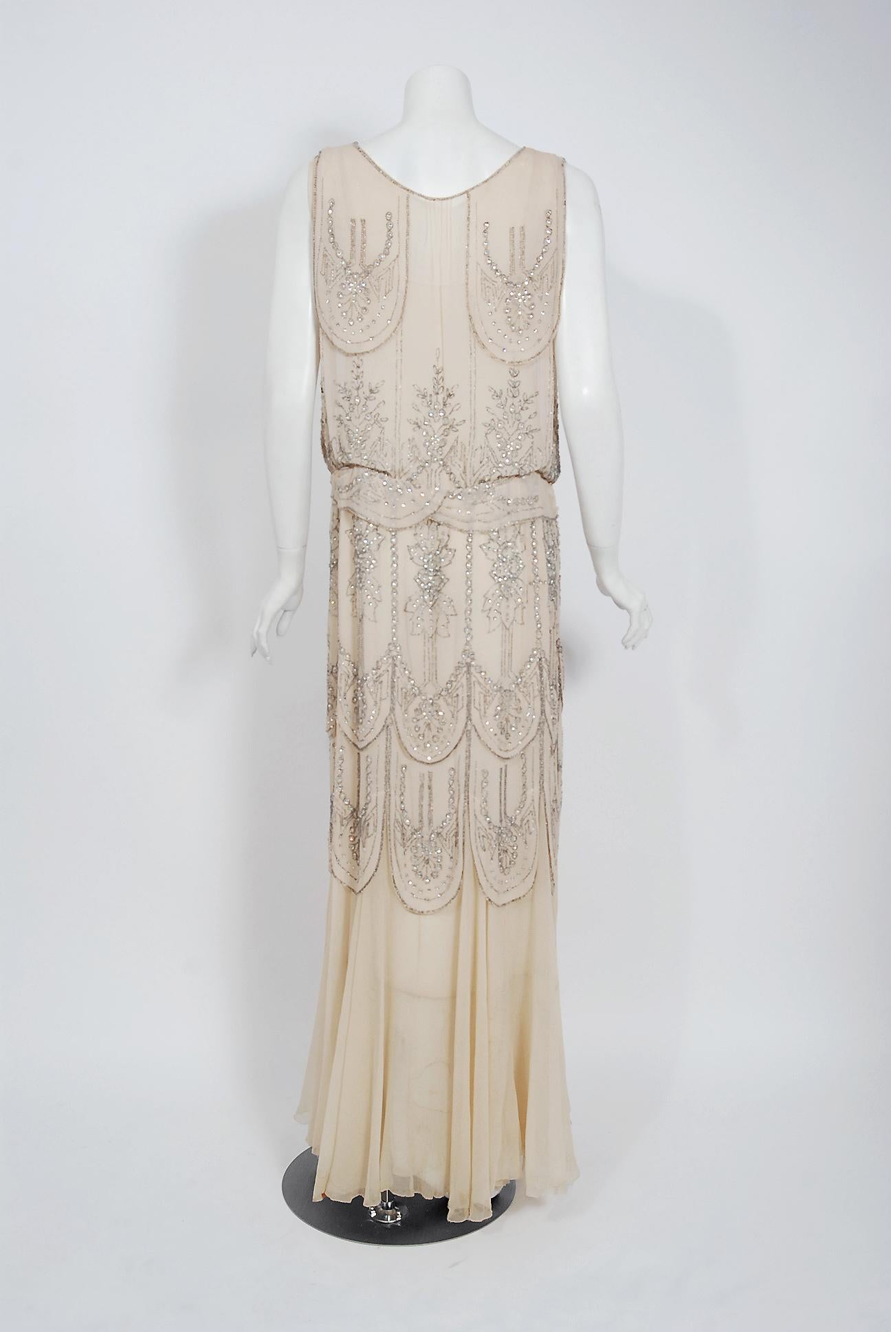 Vintage 1930's French Couture Creme Silk Beaded Rhinestone Scalloped Deco Gown 2