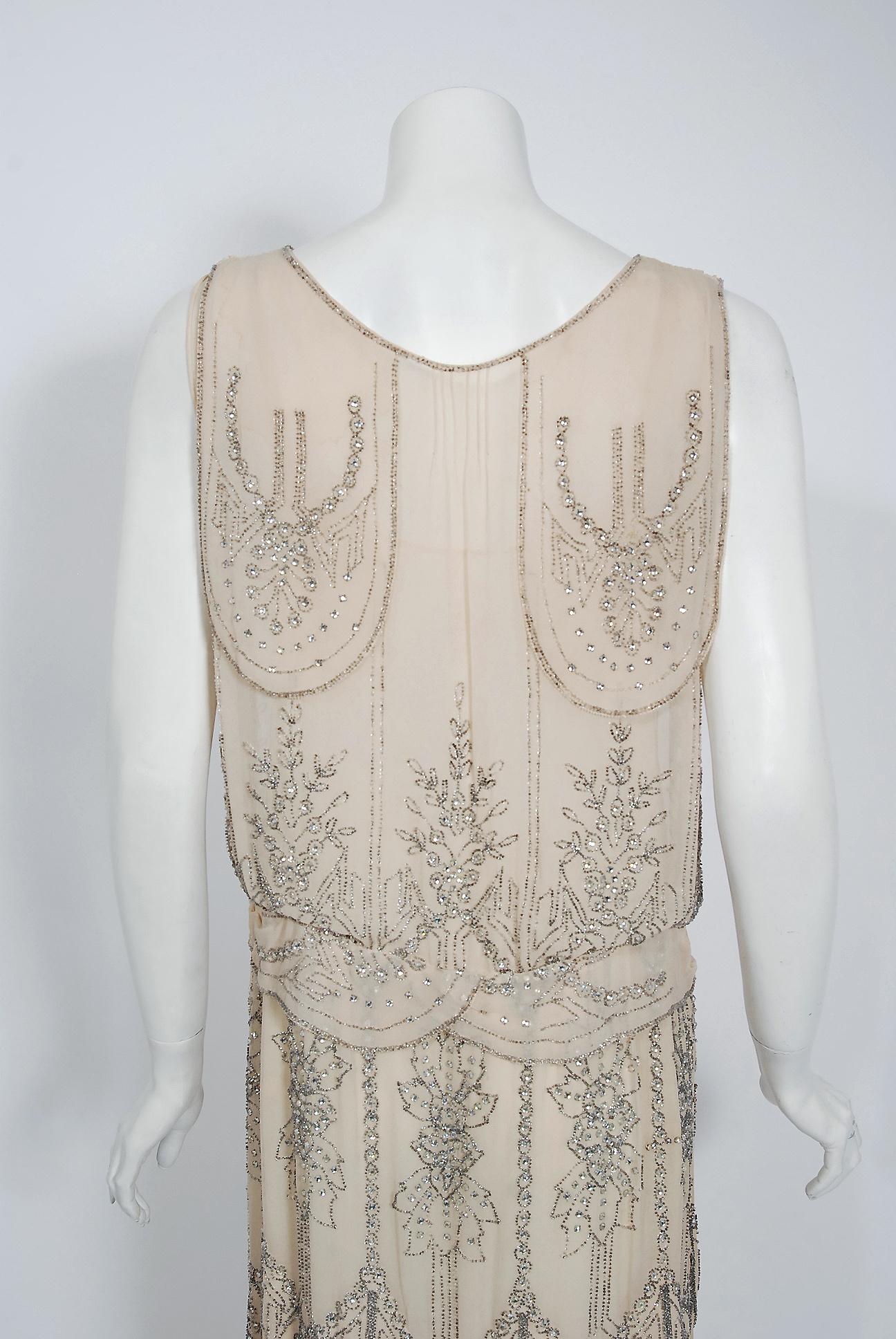 Vintage 1930's French Couture Creme Silk Beaded Rhinestone Scalloped Deco Gown 1