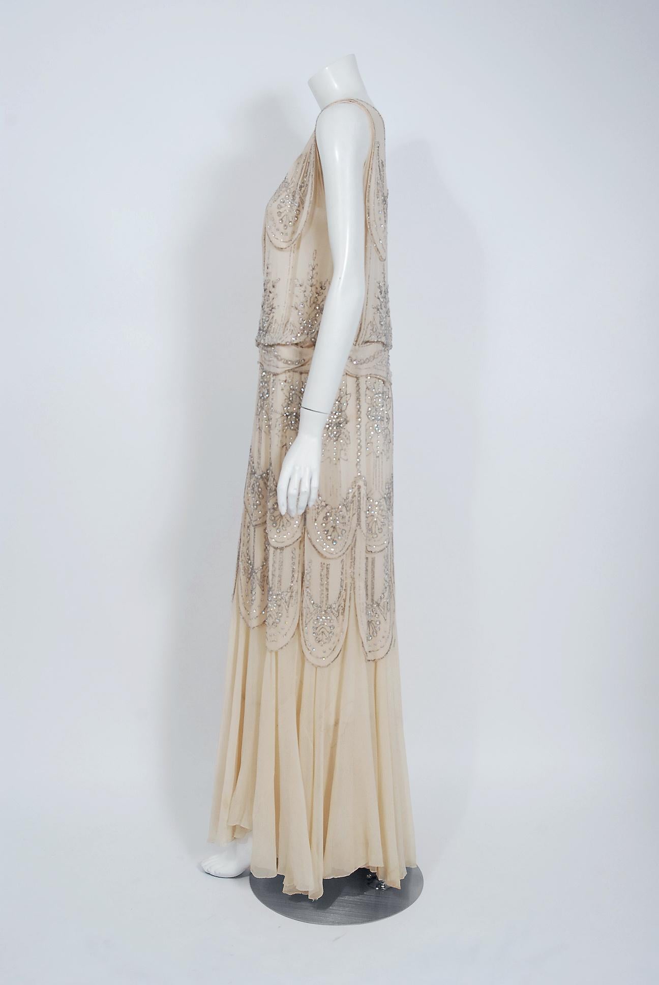 Women's Vintage 1930's French Couture Creme Silk Beaded Rhinestone Scalloped Deco Gown