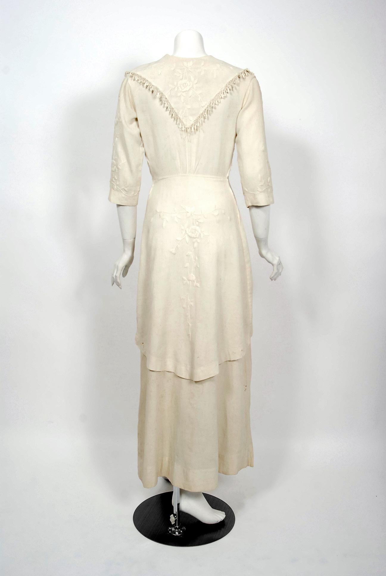 1916 Edwardian Ivory Embroidered Roses Silk Crepe Fringe Collar Tiered Gown 3