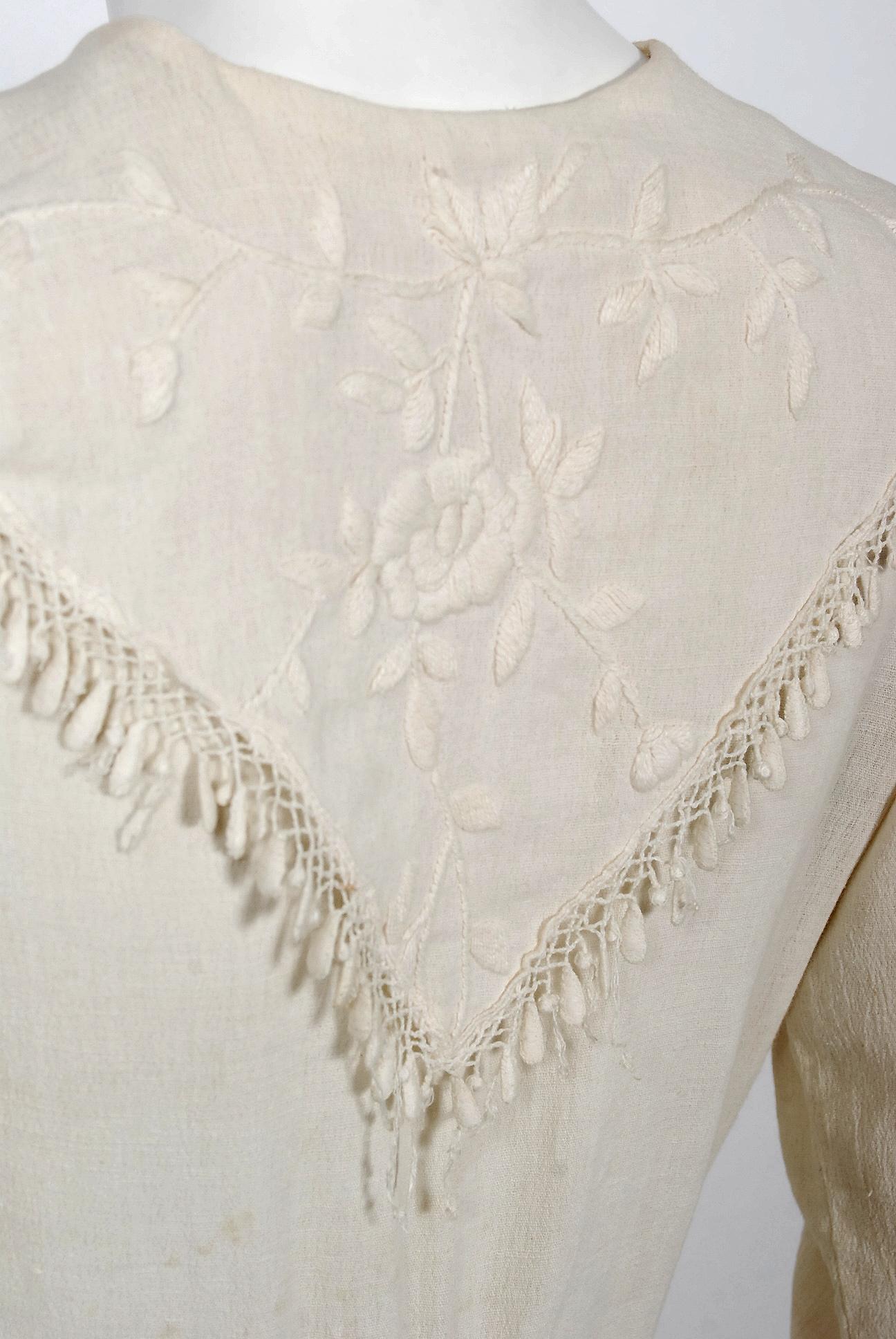 1916 Edwardian Ivory Embroidered Roses Silk Crepe Fringe Collar Tiered Gown 4