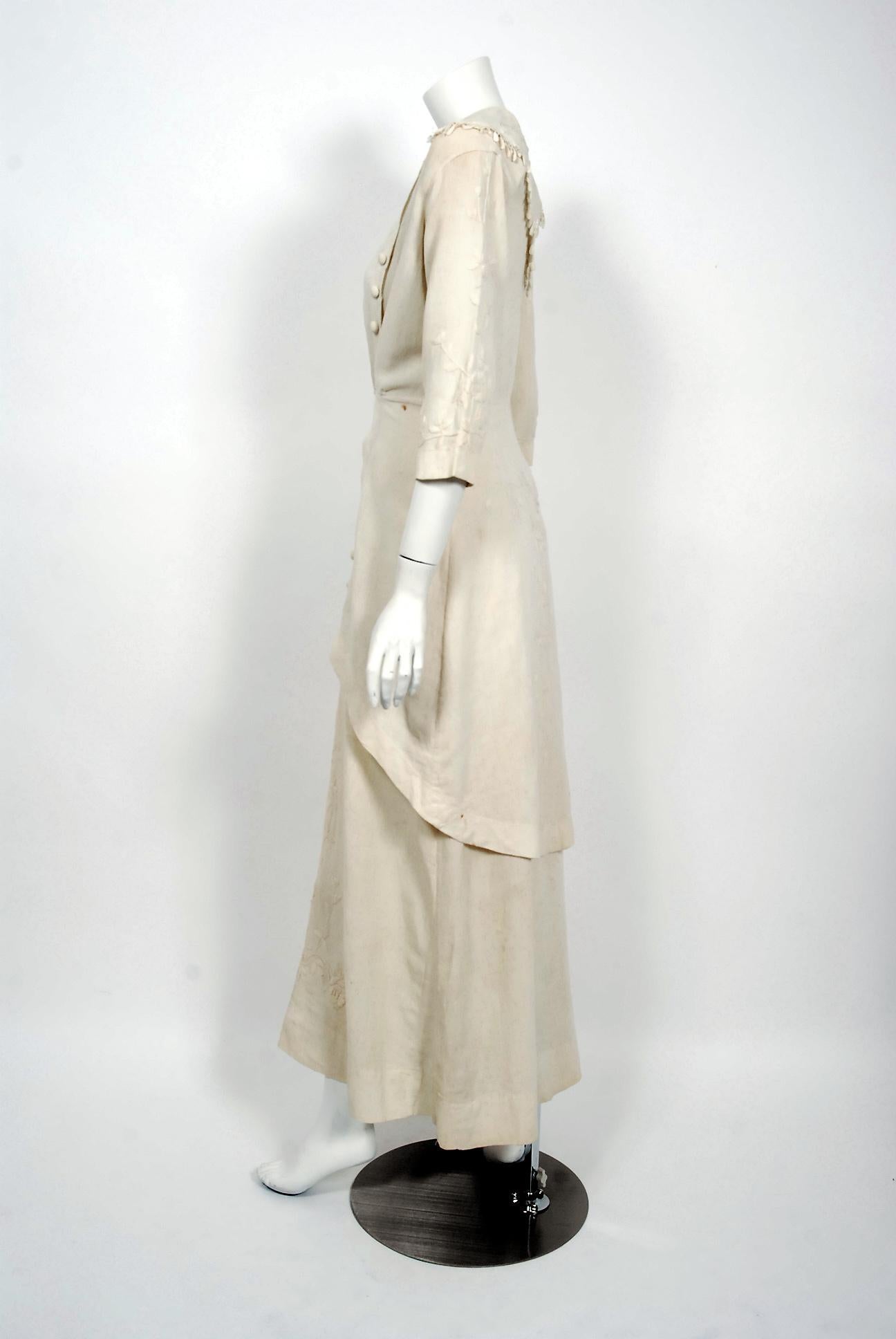 1916 Edwardian Ivory Embroidered Roses Silk Crepe Fringe Collar Tiered Gown 2