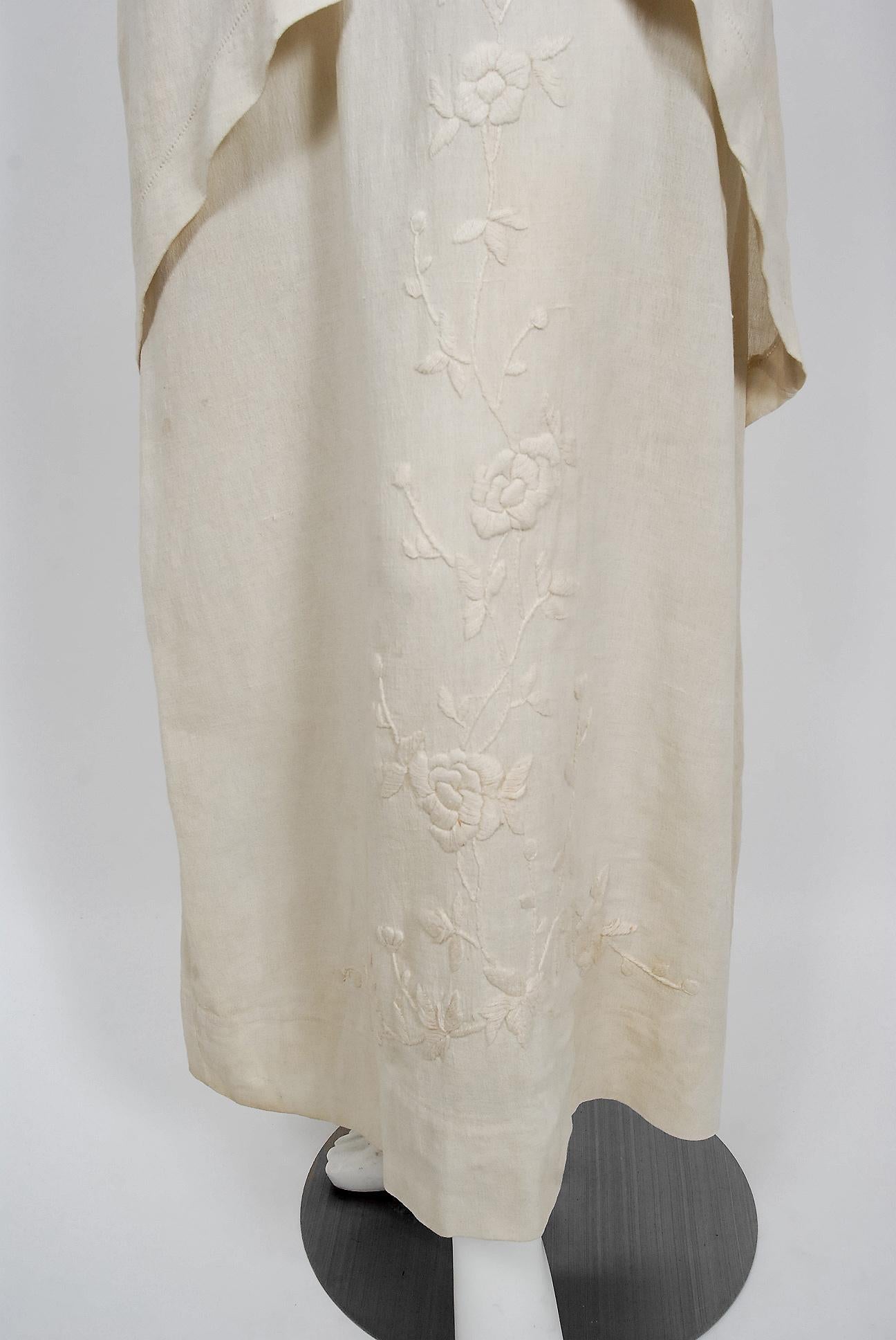 1916 Edwardian Ivory Embroidered Roses Silk Crepe Fringe Collar Tiered Gown 1