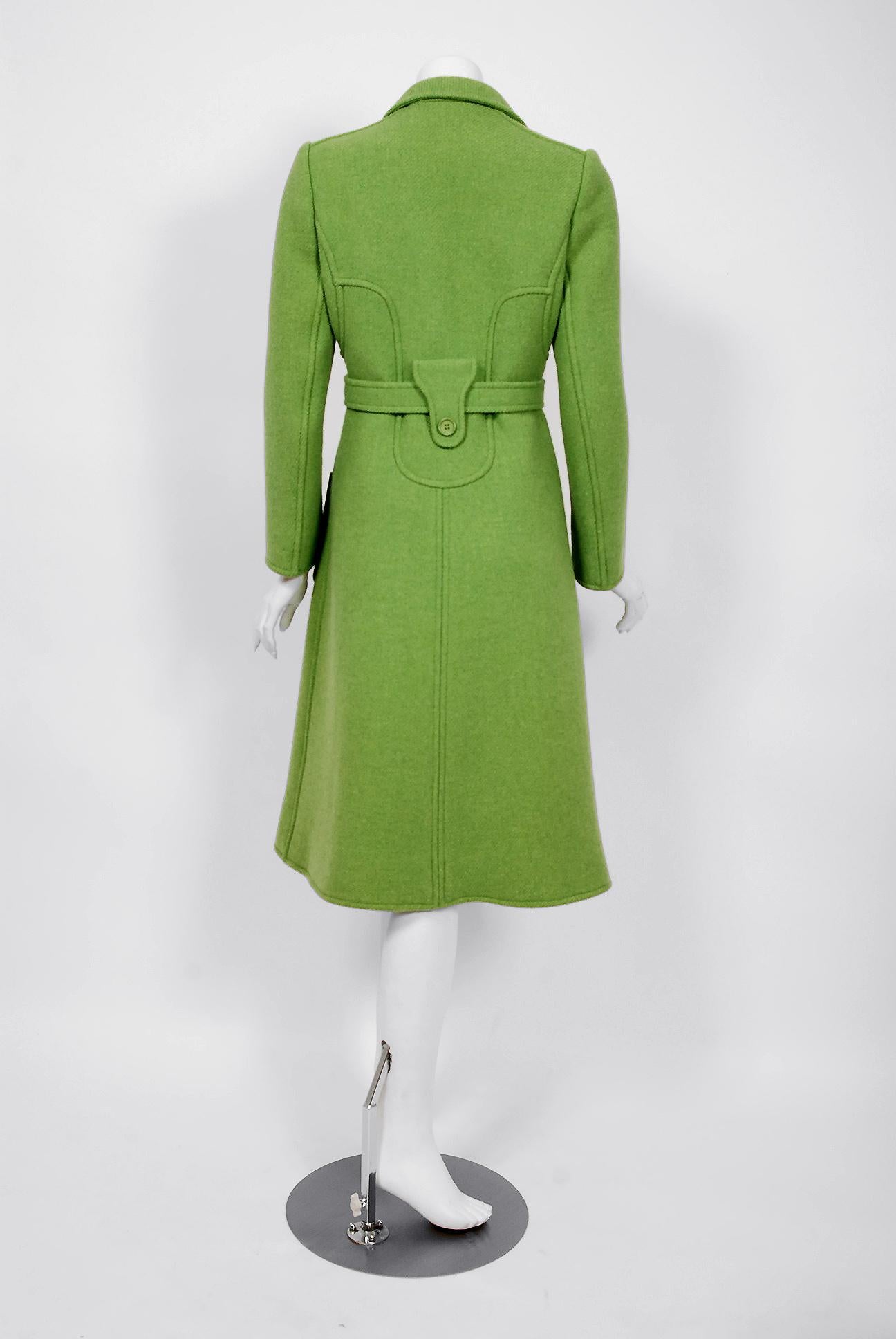 Women's Vintage 1969 Courreges Couture Green Wool Double-Breasted Mod Belted Coat 