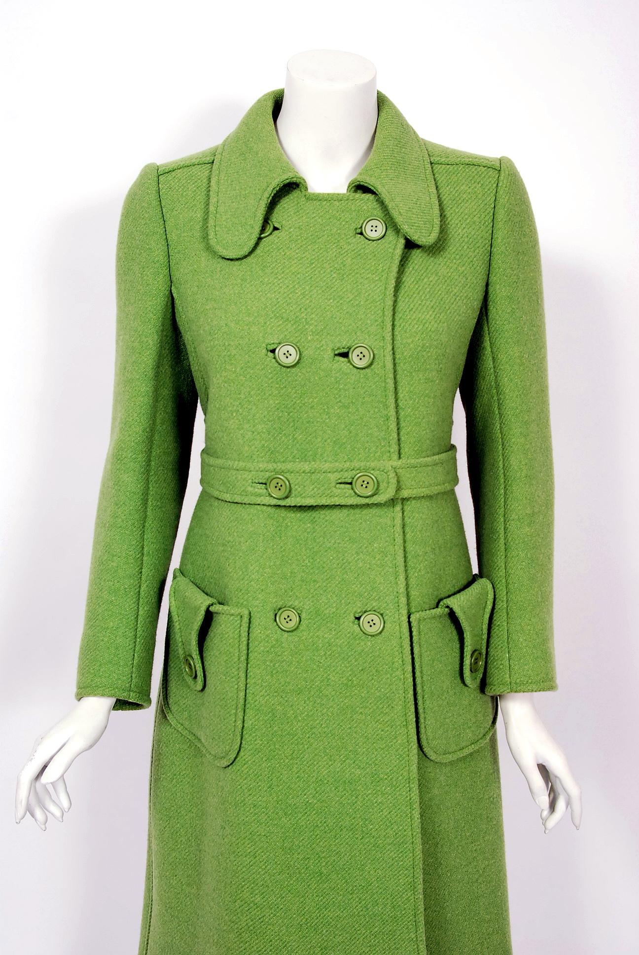 Gorgeous Andre Courreges wool twill numbered couture coat dating back to his 1969 collection. The shapes of his clothes were geometric: squares, trapezoids, triangles. The main features of his ultra-modern, uncluttered look spread quickly throughout
