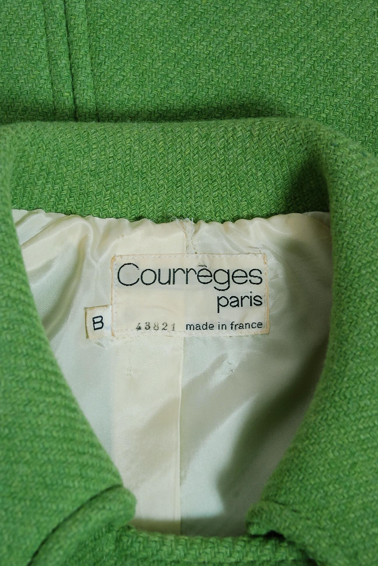 Vintage 1969 Courreges Couture Green Wool Double-Breasted Mod Belted Coat  2
