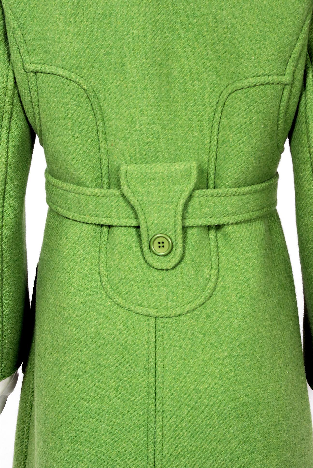 Vintage 1969 Courreges Couture Green Wool Double-Breasted Mod Belted Coat  1