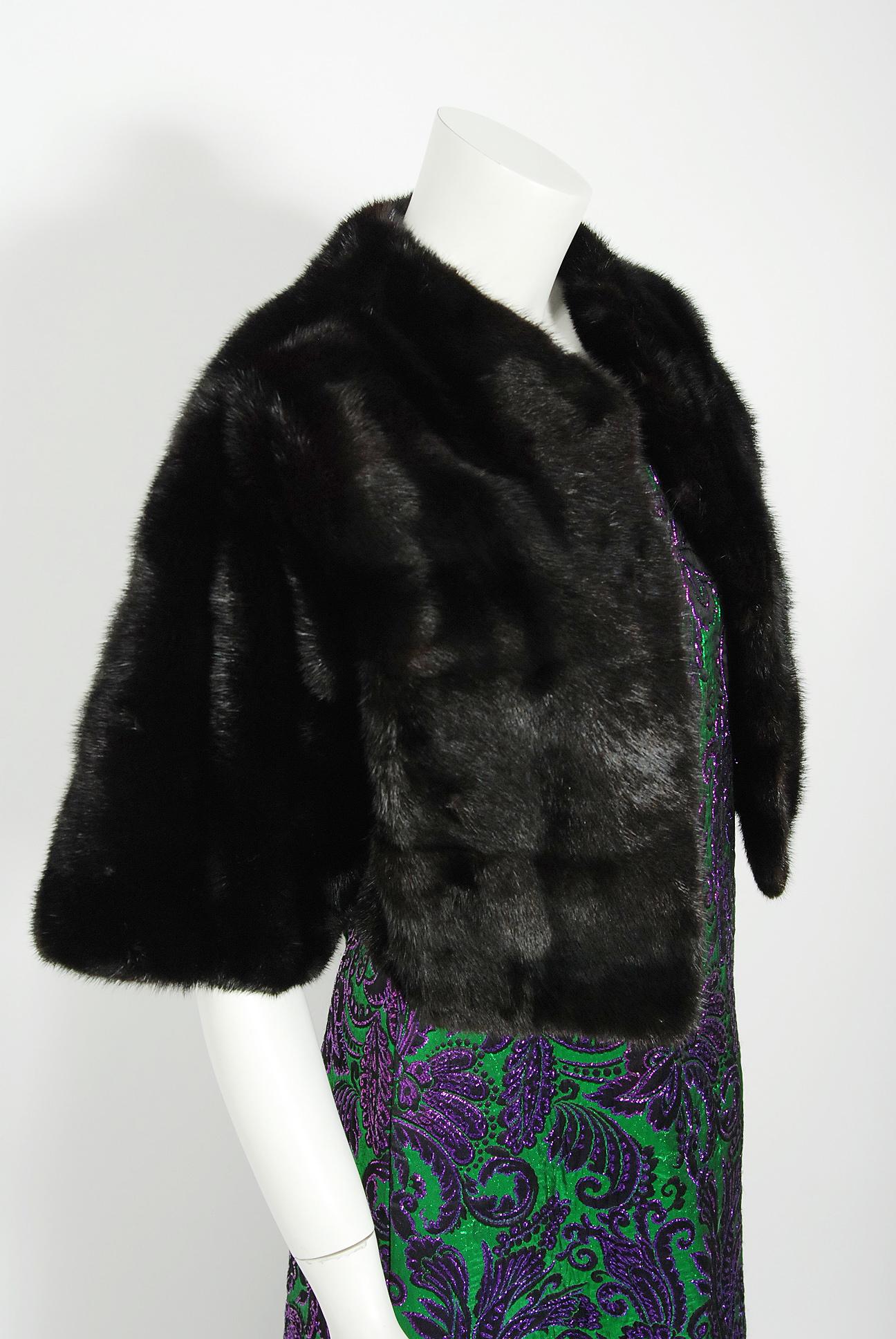 This exquisite 1960's Revillon Couture genuine mink fur bolero will make any woman shine during cold, snowy months ahead. The luxurious dark-brown mink has been worked into an almost horizontal pattern and the effect is really breathtaking. The care