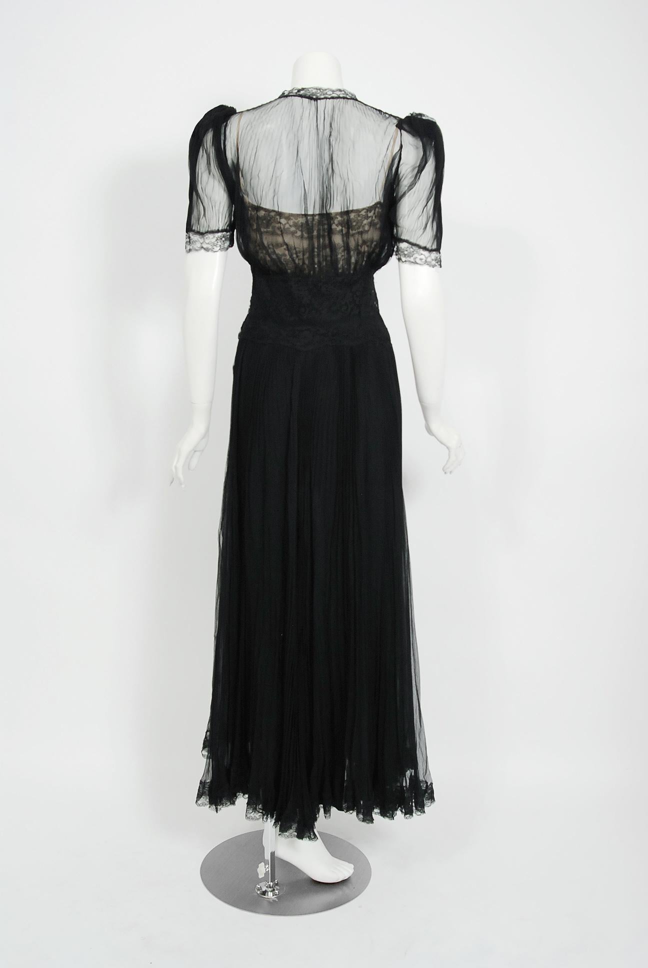 Vintage 1930's Hattie Carnegie Pleated Chiffon & Lace Puff Sleeve Bias-Cut Dress 3