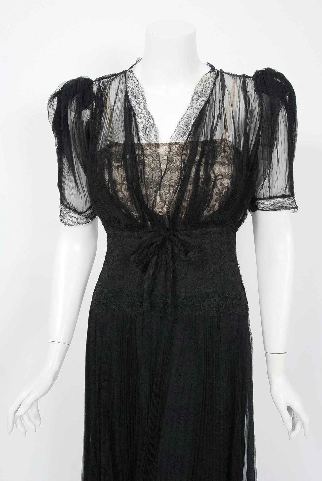 Black Vintage 1930's Hattie Carnegie Pleated Chiffon & Lace Puff Sleeve Bias-Cut Dress