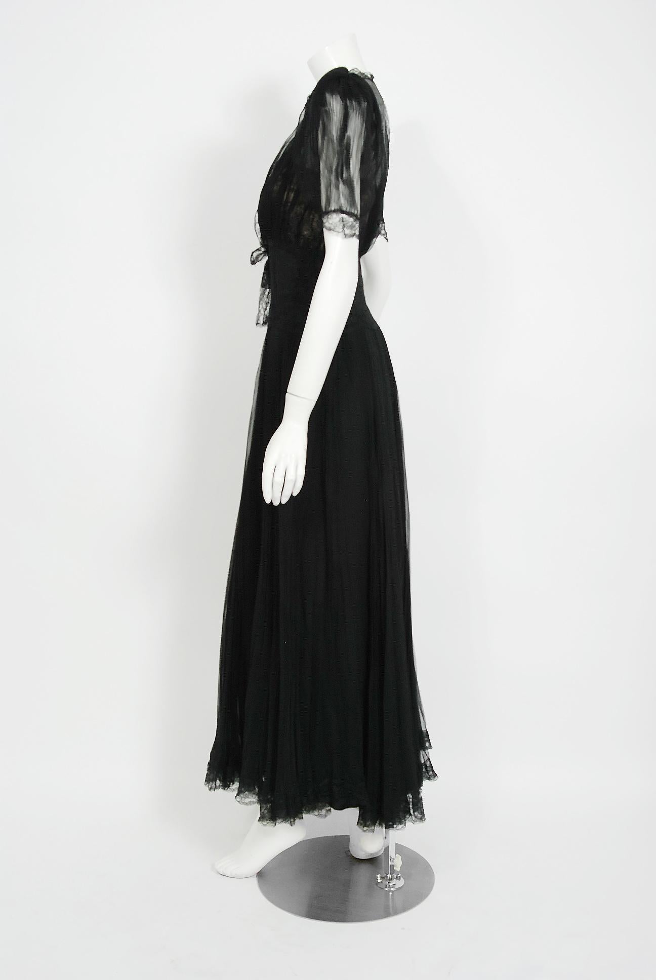 Vintage 1930's Hattie Carnegie Pleated Chiffon & Lace Puff Sleeve Bias-Cut Dress 2
