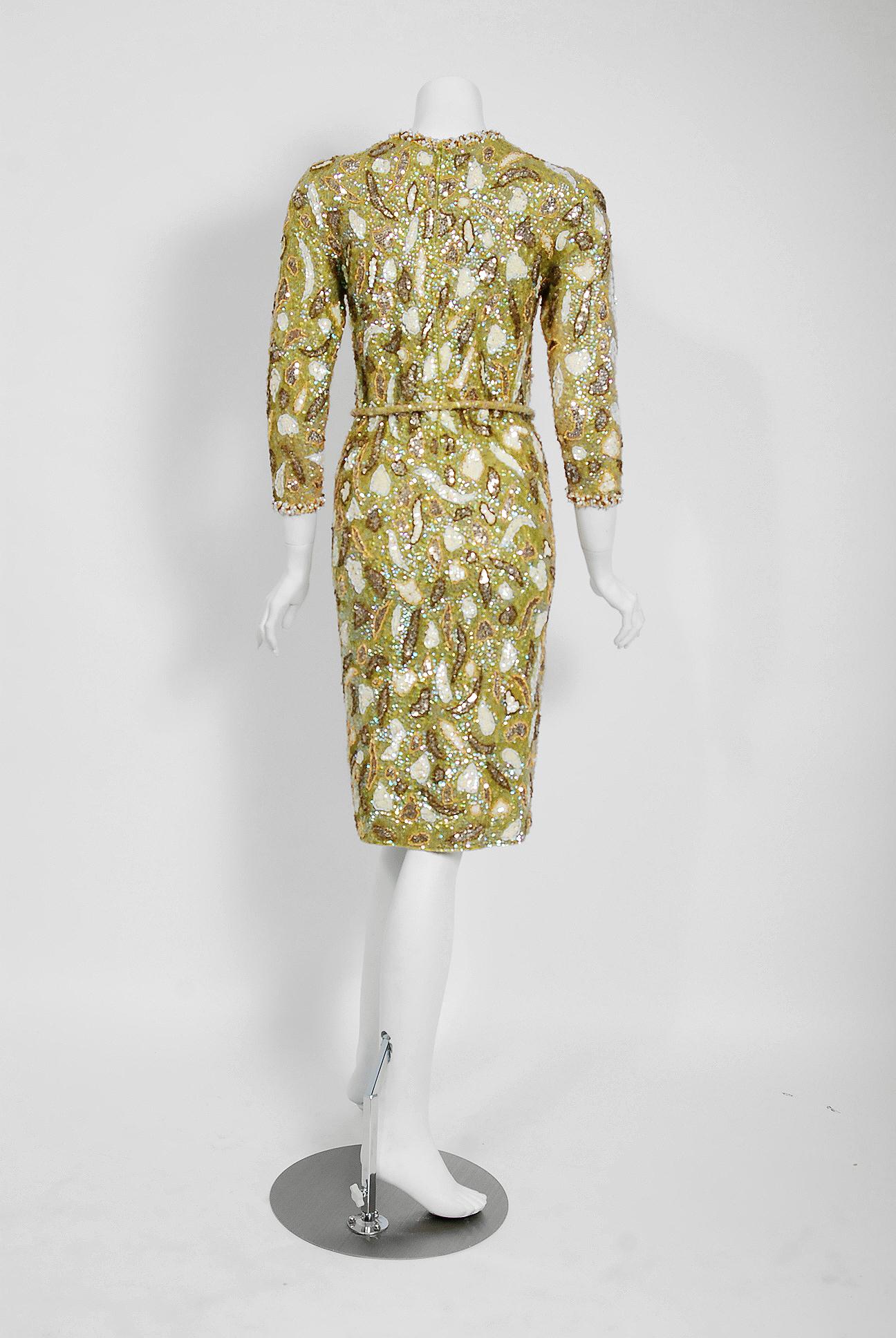 Women's 1960's Gene Shelly Chartreuse Yellow Sequin Beaded Stretch Knit Cocktail Dress For Sale