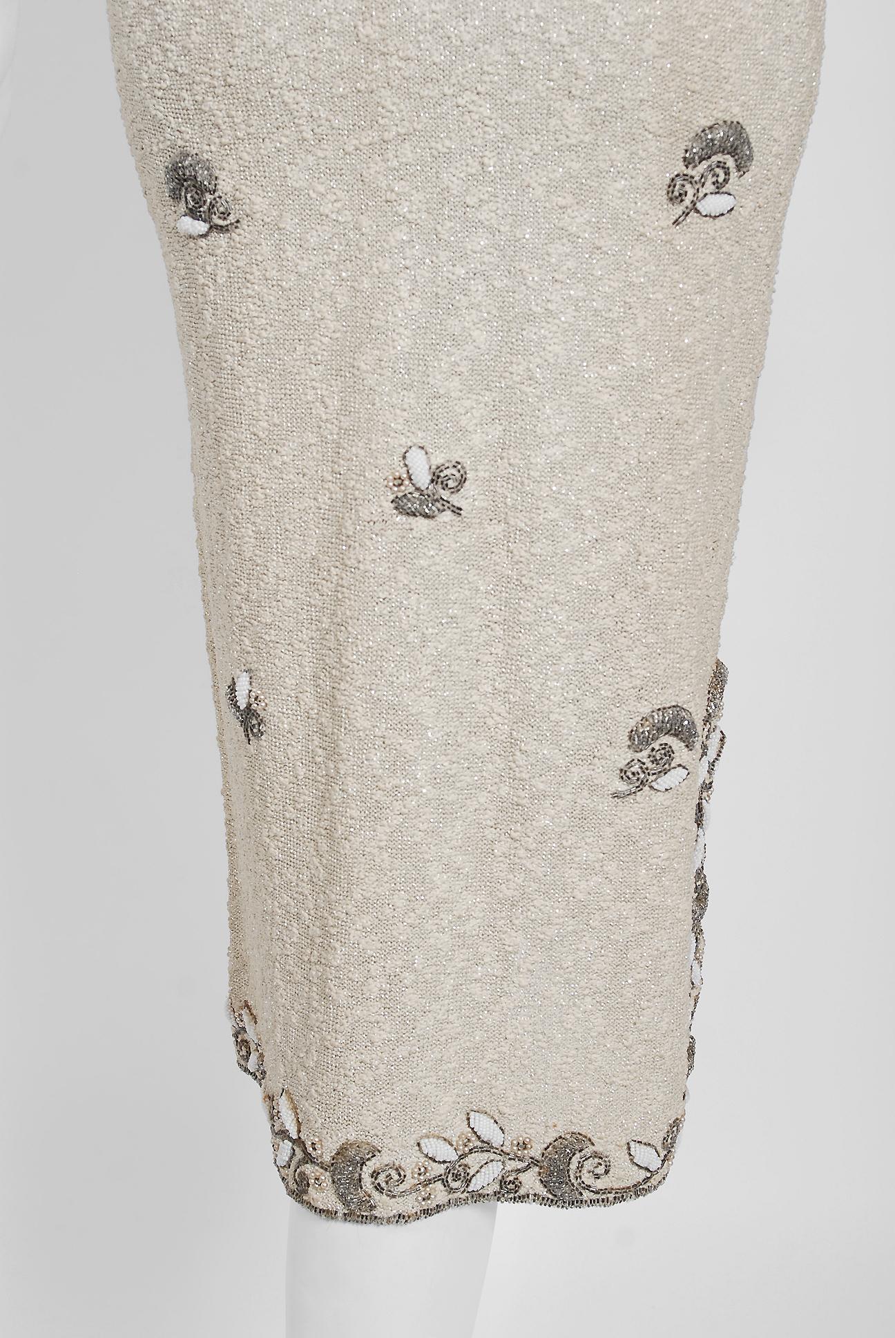 1940's Metallic Creme Wool Knit Beaded Floral-Motif Hourglass Cocktail Dress 2
