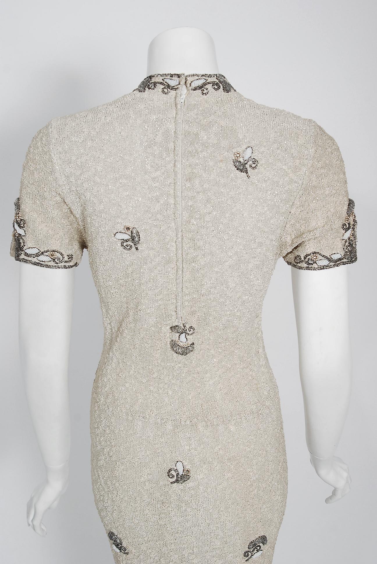 1940's Metallic Creme Wool Knit Beaded Floral-Motif Hourglass Cocktail Dress 3