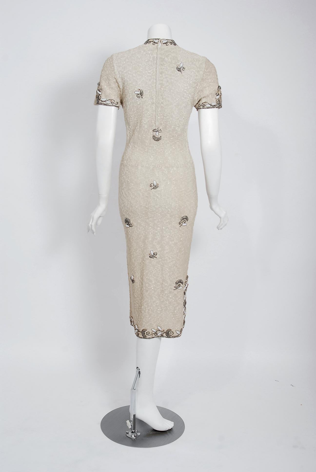 1940's Metallic Creme Wool Knit Beaded Floral-Motif Hourglass Cocktail Dress 1