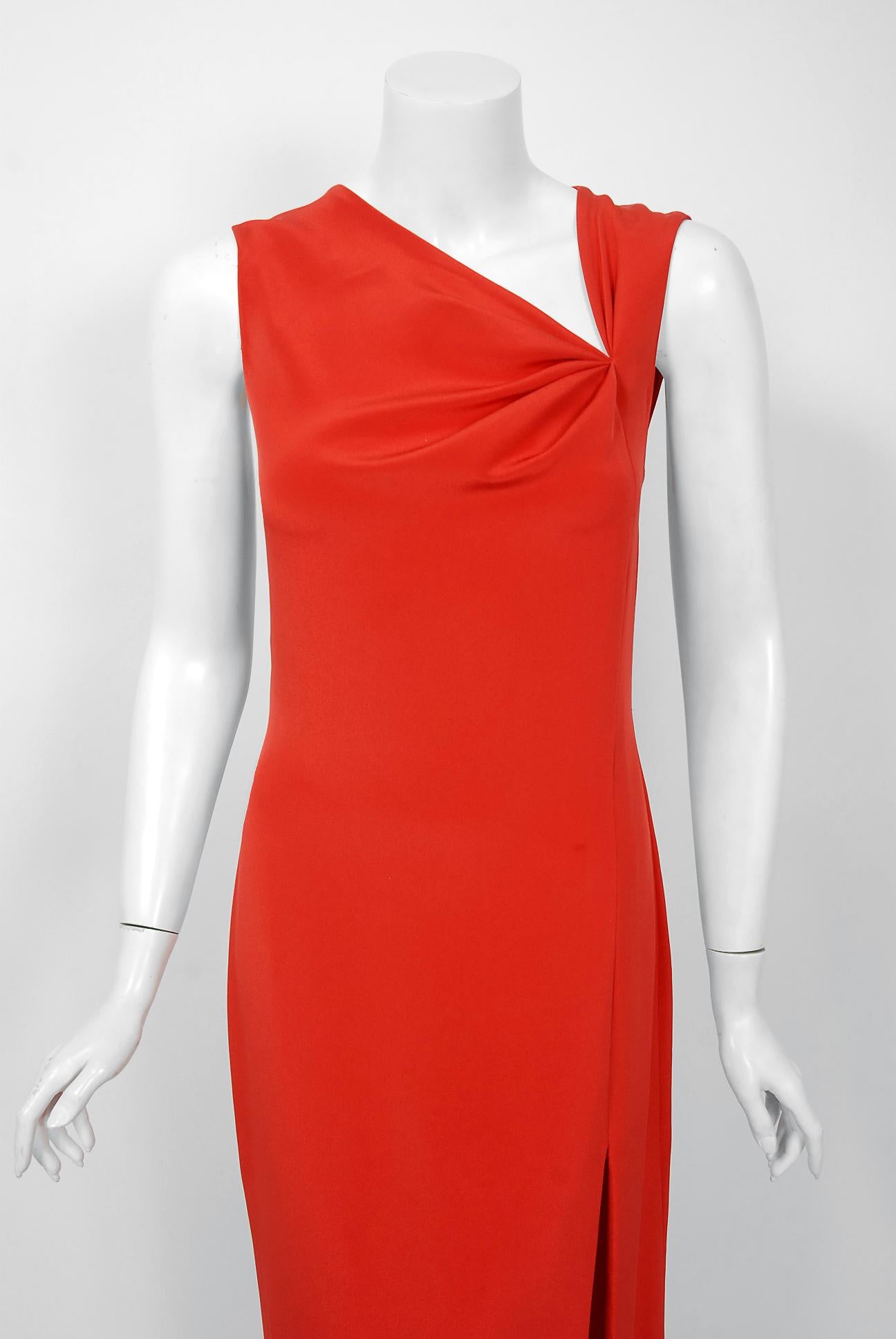 Vintage 1990 Bill Blass Poppy Red Silk Asymmetric Bias-Cut High Slit Gown w/Tags In Good Condition In Beverly Hills, CA