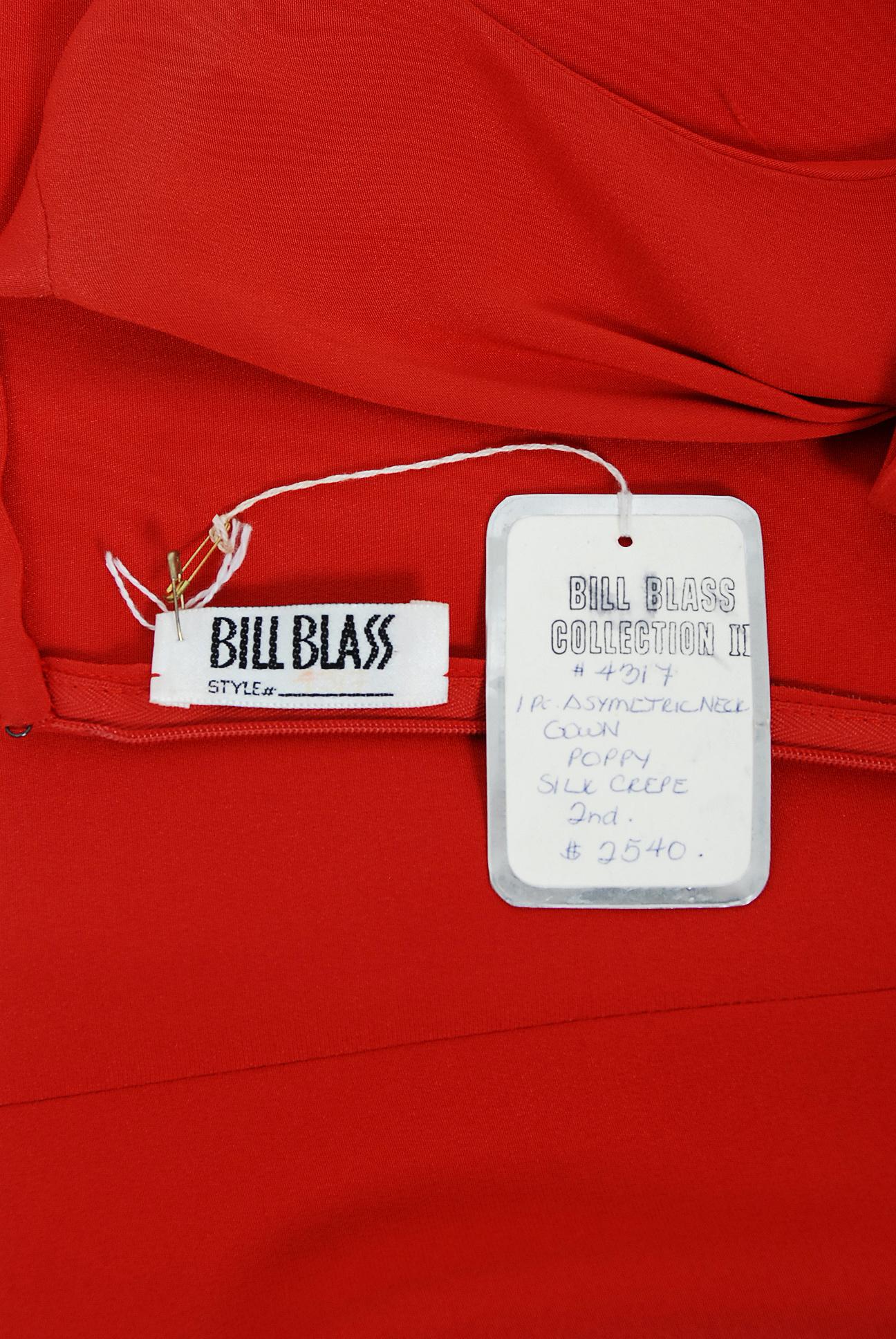 Vintage 1990 Bill Blass Poppy Red Silk Asymmetric Bias-Cut High Slit Gown w/Tags 3