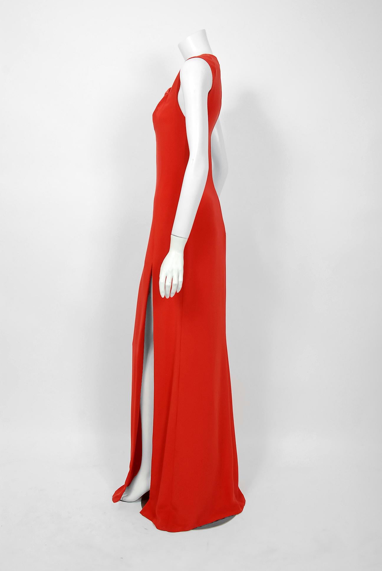 Vintage 1990 Bill Blass Poppy Red Silk Asymmetric Bias-Cut High Slit Gown w/Tags 1