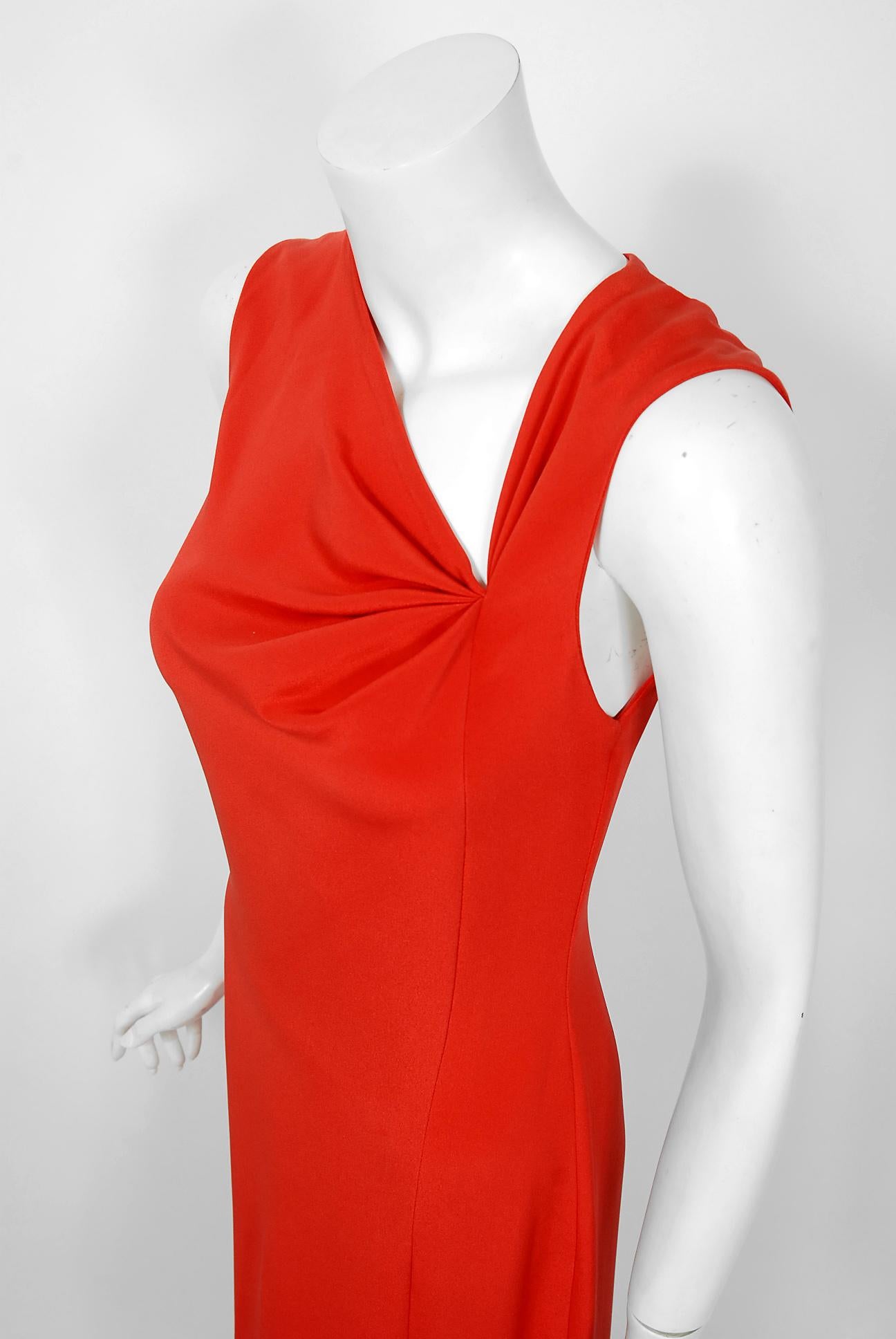 Women's Vintage 1990 Bill Blass Poppy Red Silk Asymmetric Bias-Cut High Slit Gown w/Tags