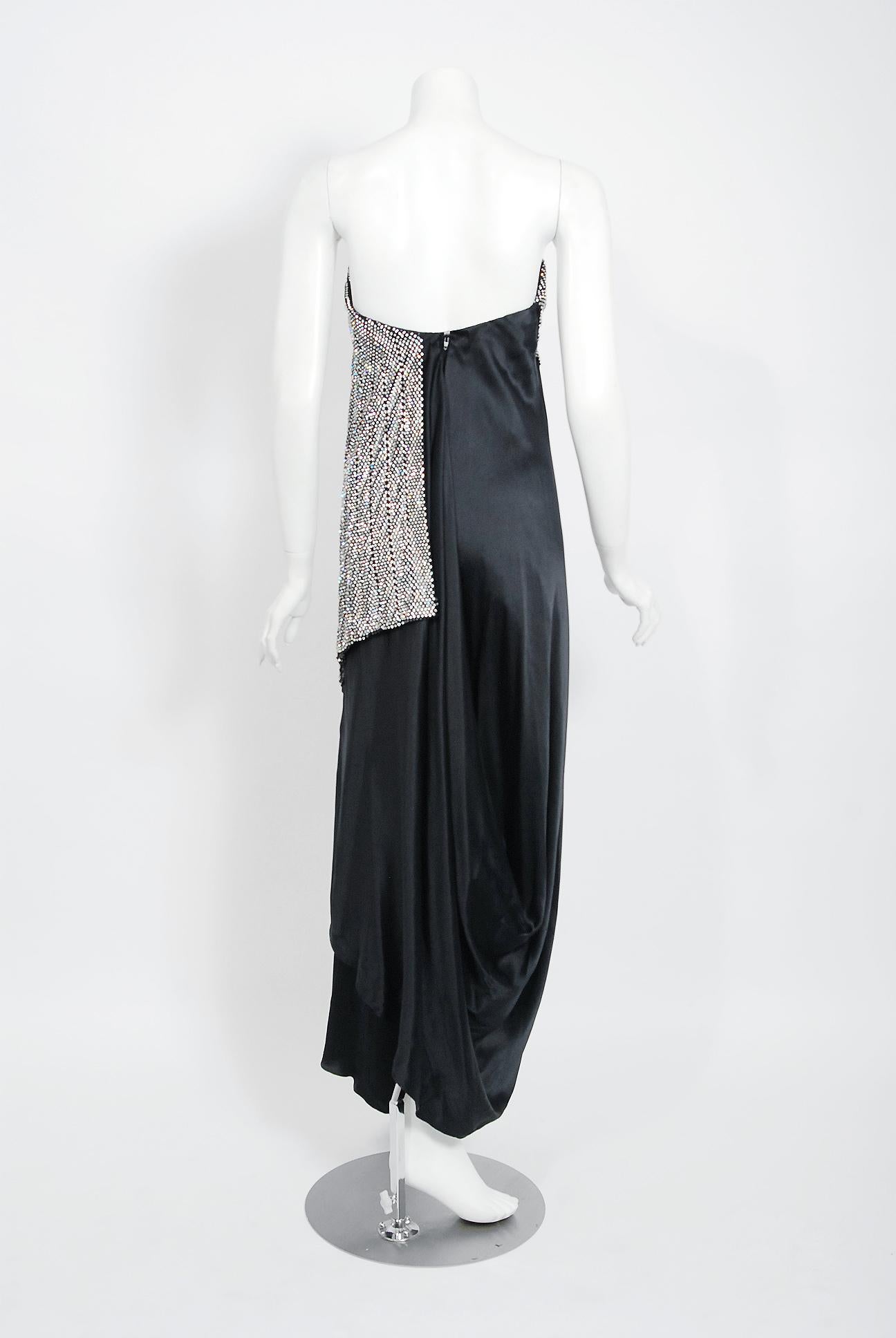 1975 Stavropoulos Black Silk Satin Rhinestone Strapless Asymmetric Draped Gown  4