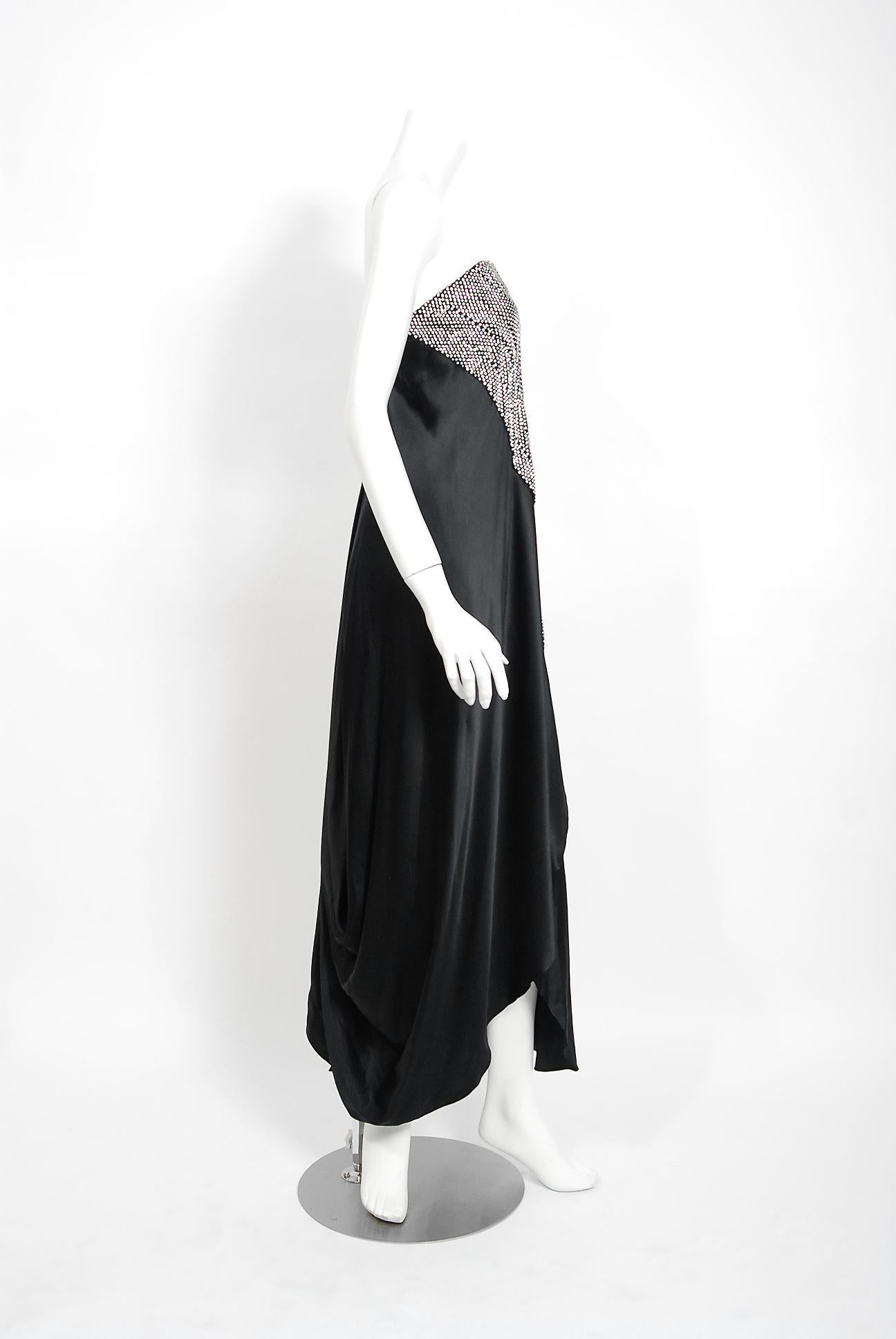 Women's 1975 Stavropoulos Black Silk Satin Rhinestone Strapless Asymmetric Draped Gown 