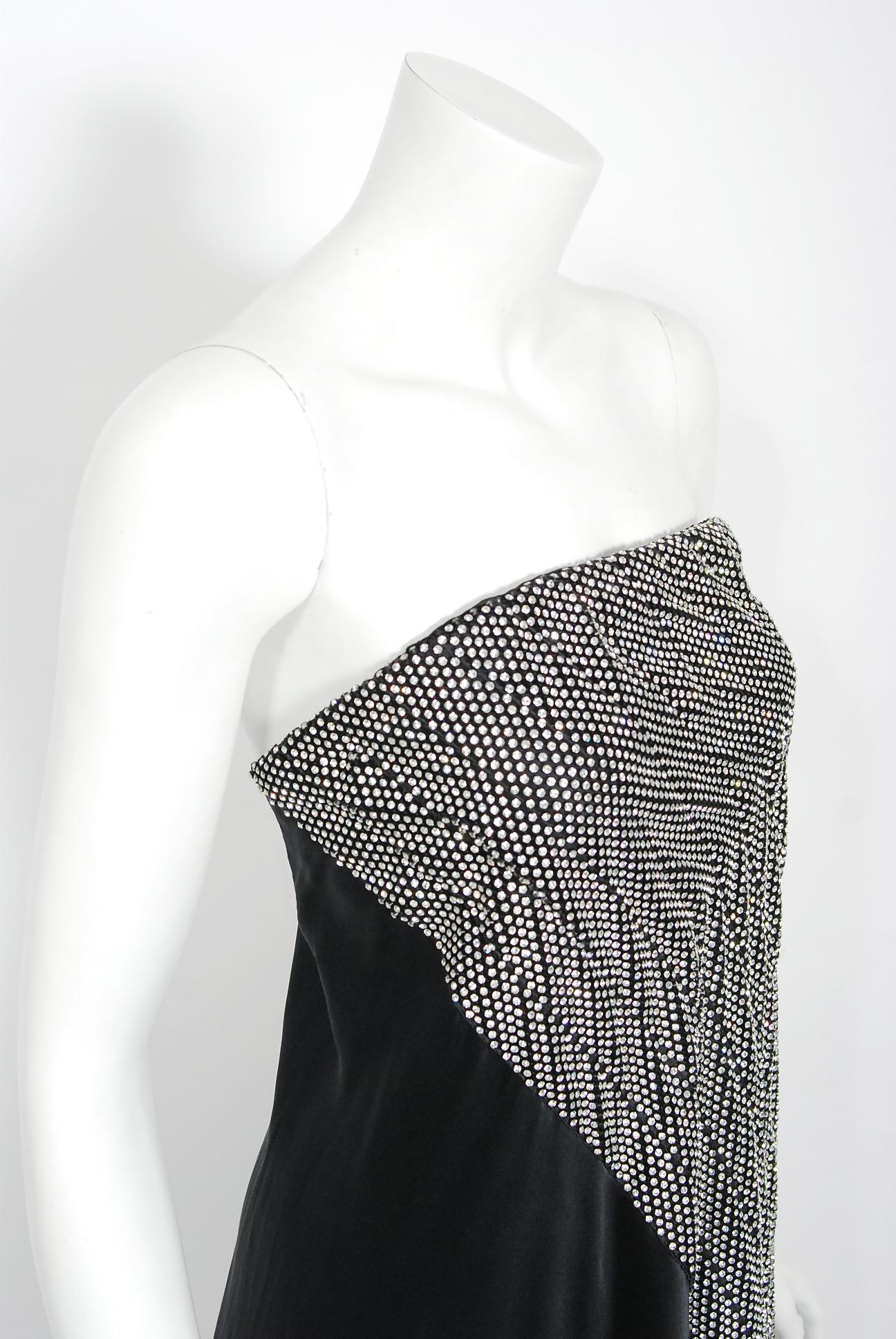 1975 Stavropoulos Black Silk Satin Rhinestone Strapless Asymmetric Draped Gown  1